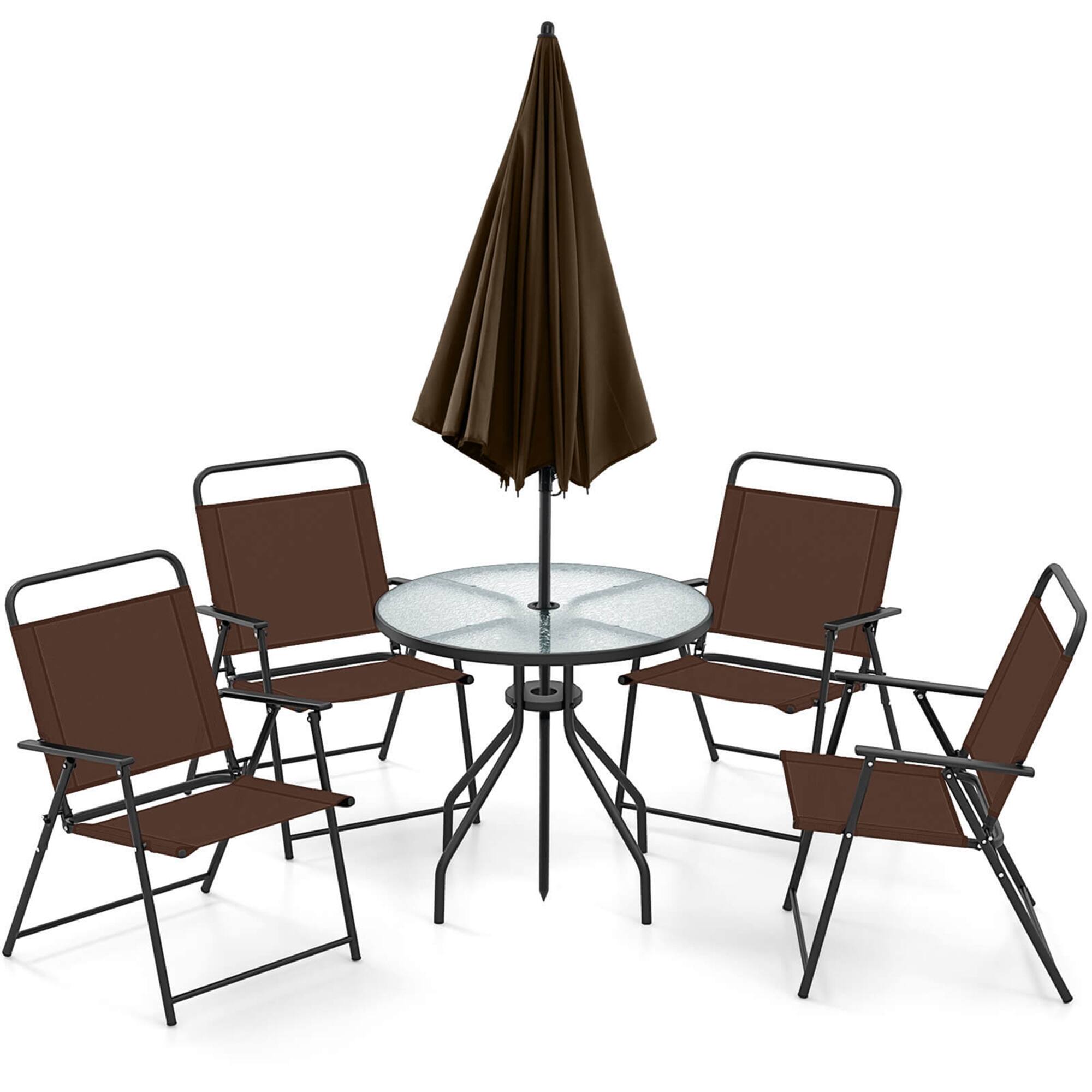 Alt View 6. Costway - 6 PCS Patio Dining Set Folding Chairs Glass Table Tilt Umbrella Garden - Brown+ Black.