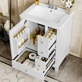 Loheer - 24 inch bathroom vanity with sink Freestanding Vanity Cabinet Ceramic Top - White
