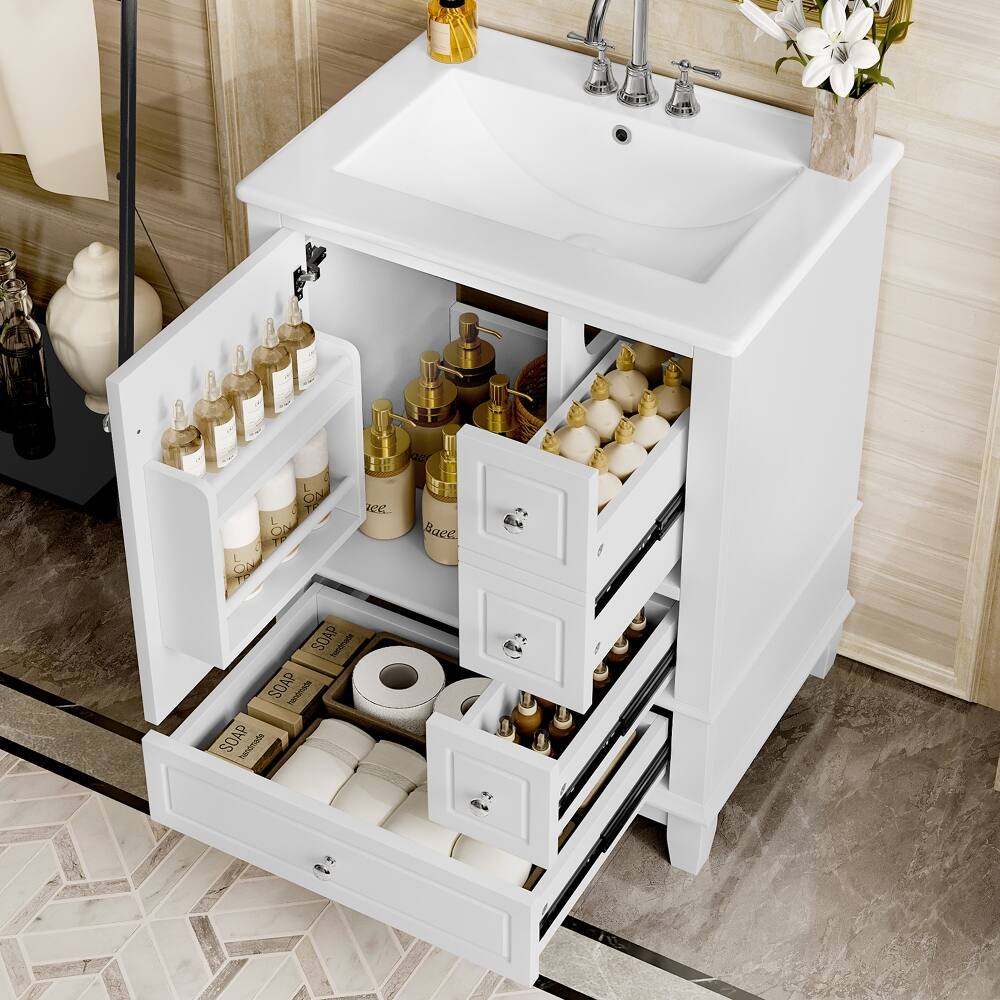 Loheer - 24 inch bathroom vanity with sink Freestanding Vanity Cabinet Ceramic Top - White