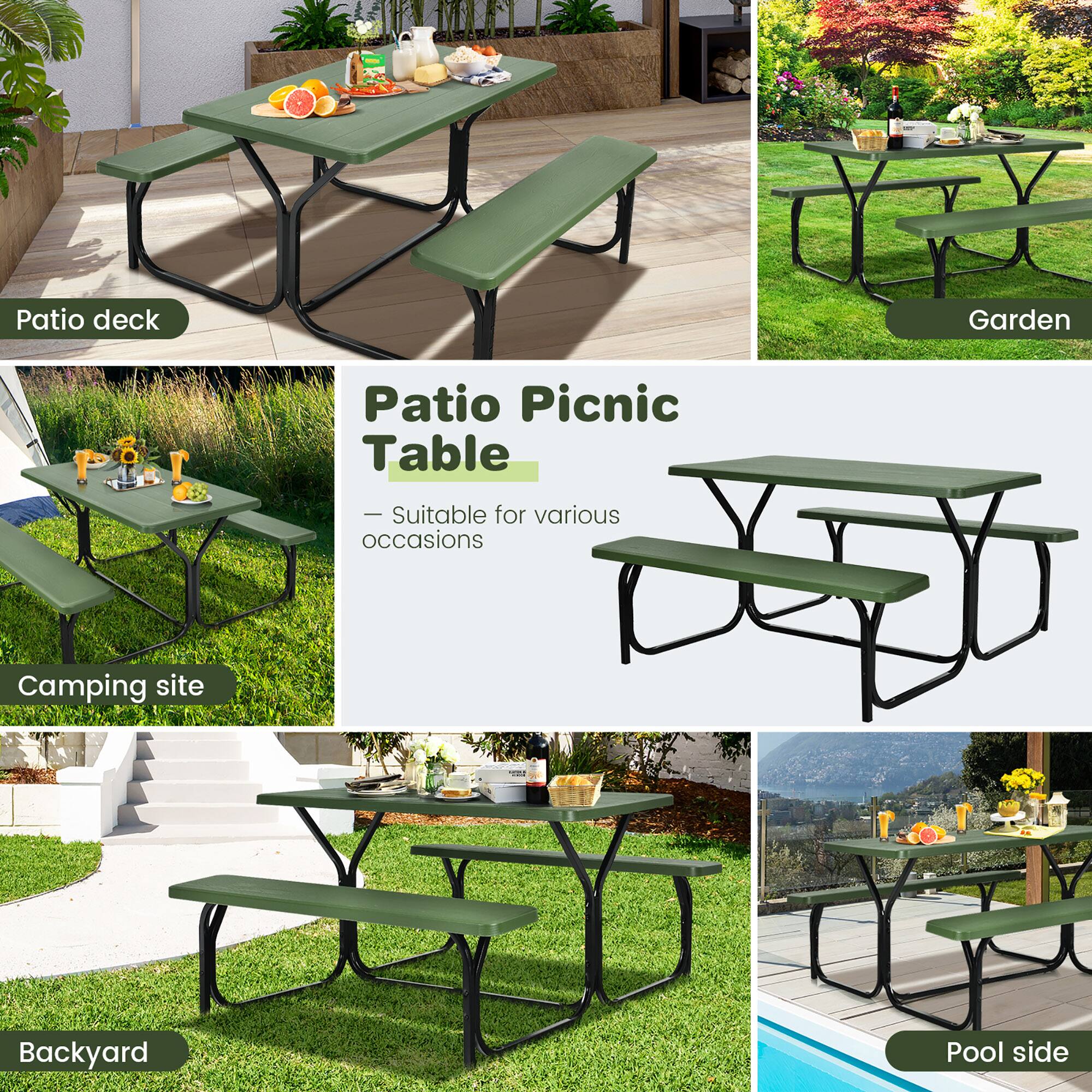 Patio deck  
Garden  
Picnic Table  
Camping site  
Backyard  
Pool side  

Patio Picnic Table  
— Suitable for various occasions