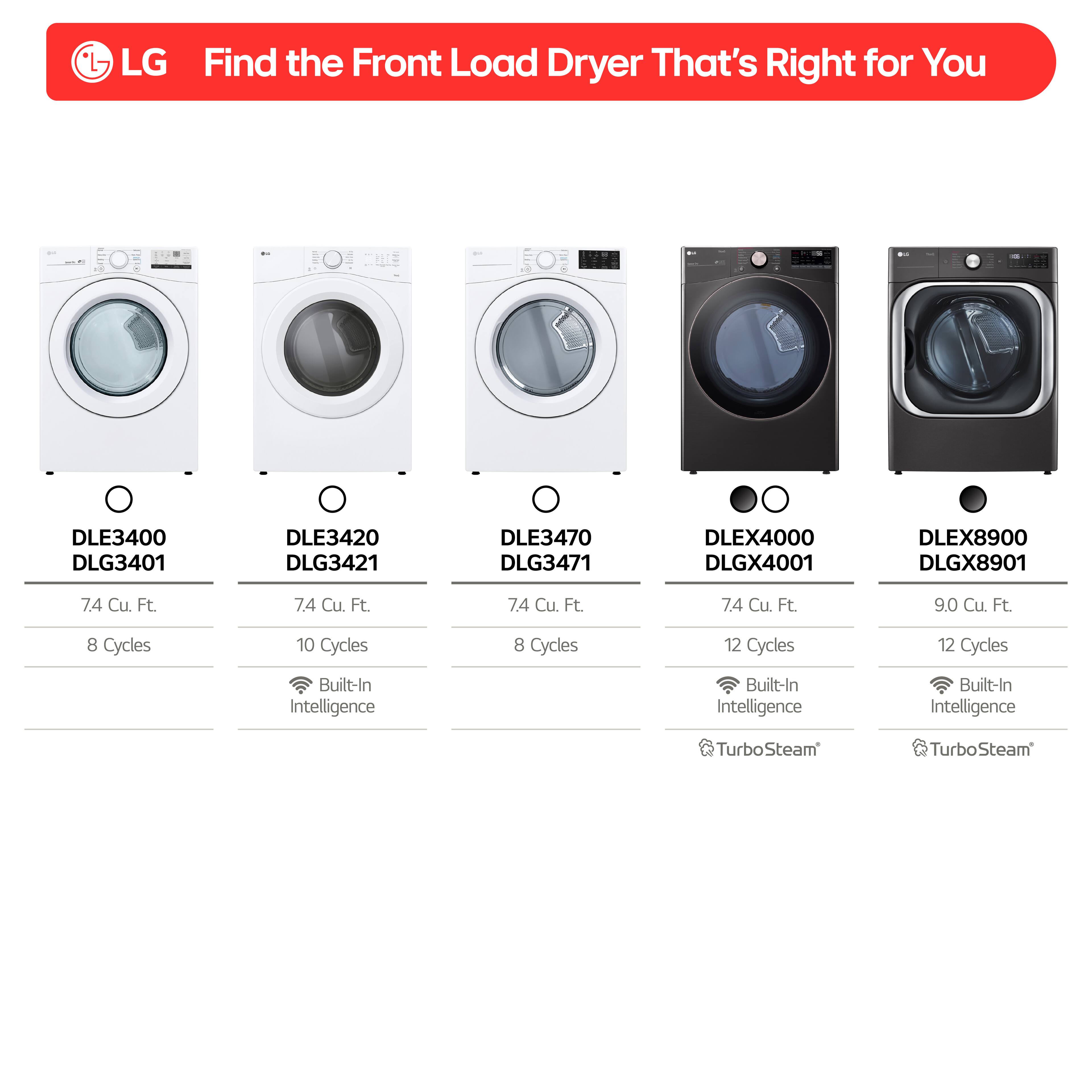 LG Find the Front Load Dryer That's Right for You

- DLE3400 DLG3401
- DLE3420 DLG3421
- DLE3470 DLG3471
- DLEX4000 DLGX4001
- DLEX8900 DLGX8901

7.4 Cu. Ft. 7.4 Cu. Ft. 7.4 Cu. Ft. 9.0 Cu. Ft.

8 Cycles 10 Cycles 8 Cycles 12 Cycles 12 Cycles

Built-In Intelligence Built-In Intelligence Built-In Intelligence TurboSteam TurboSteam