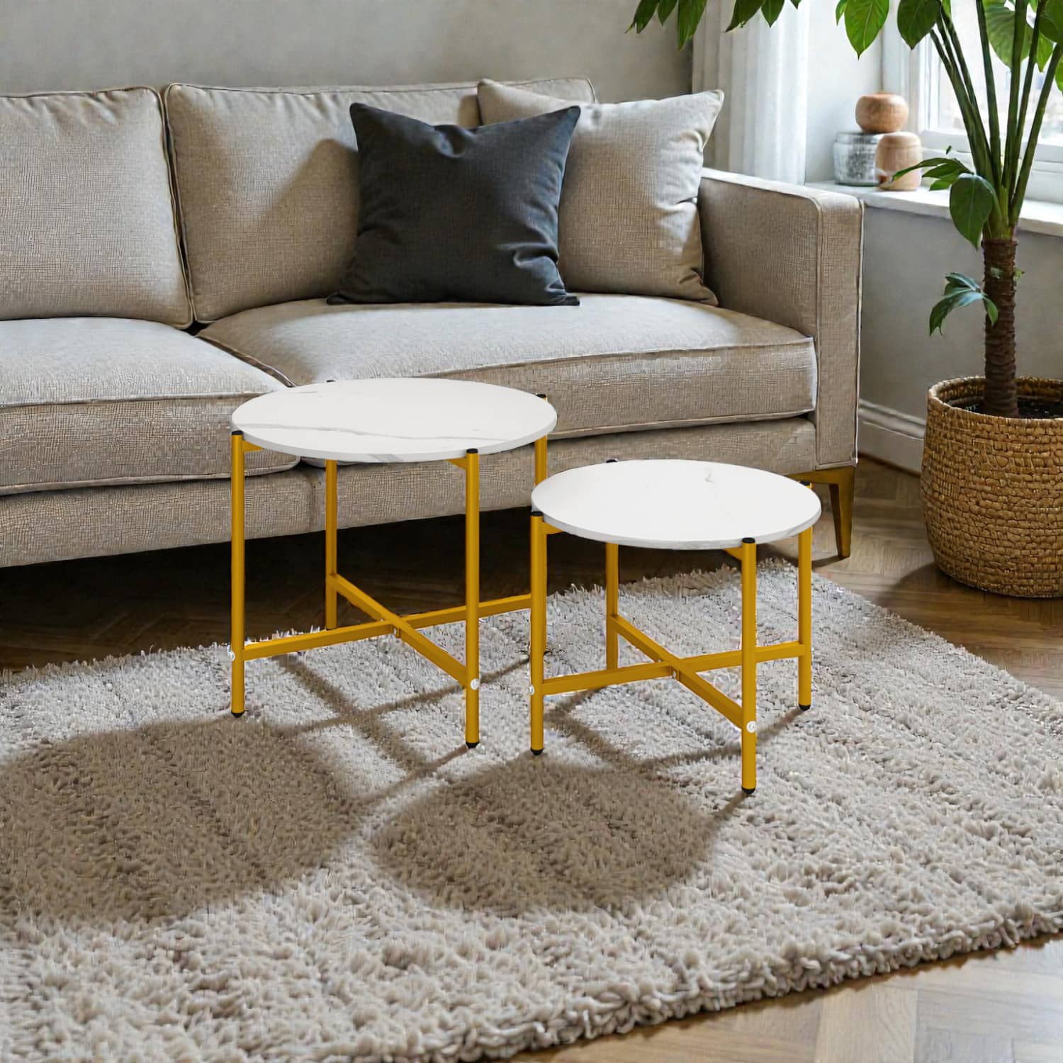 Hivvago - Modern Set of 2 Round Tables with Strong Metal Frames - White