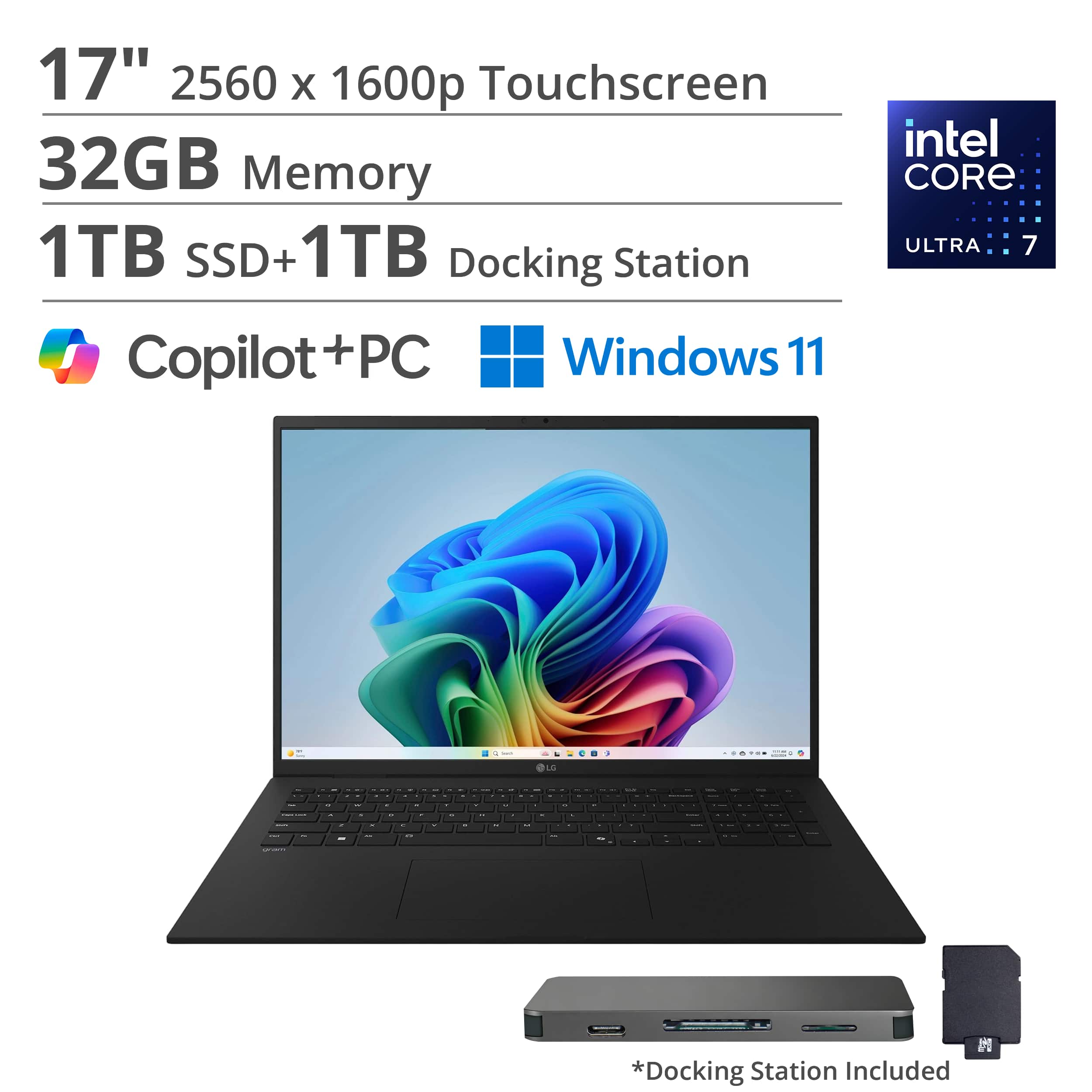 LG - gram 17" Touch Screen Laptop - Copilot+ PC - Intel Core Ultra 7 Series 2 with 32GB Memory - 1TB SSD - Obsidian Black