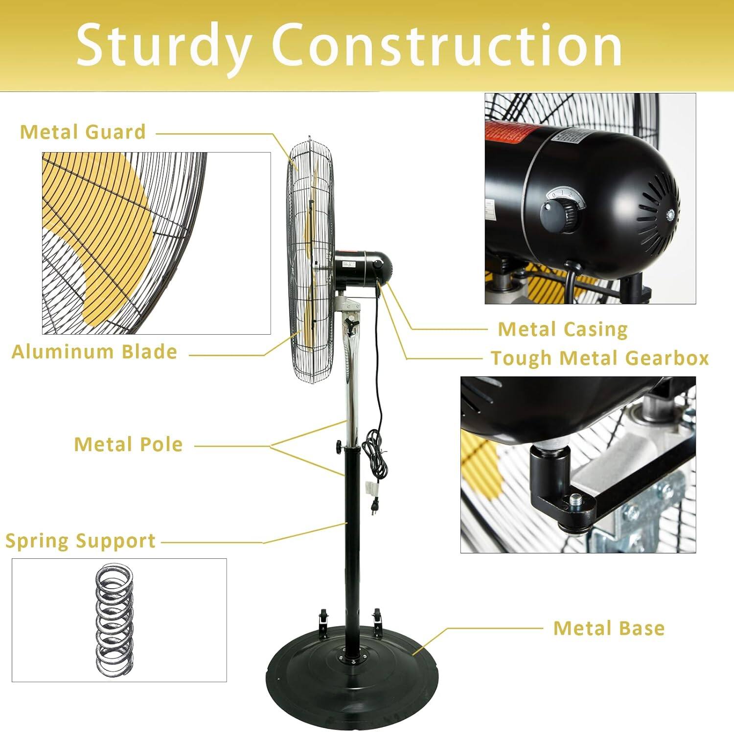Sturdy Construction  
- Metal Guard  
- Aluminum Blade  
- Metal Casing  
- Tough Metal Gearbox  
- Metal Pole  
- Spring Support  
- Metal Base