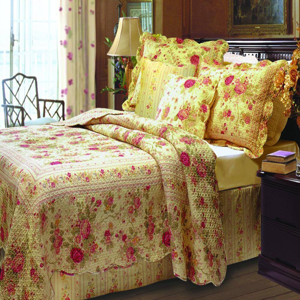 Front. Greenland Home Fashions - Greenland Home Fashion Antique Rose Quilt And ShamBonus Set - 4 - Piece - Twin 68x88", Multi - Multi.