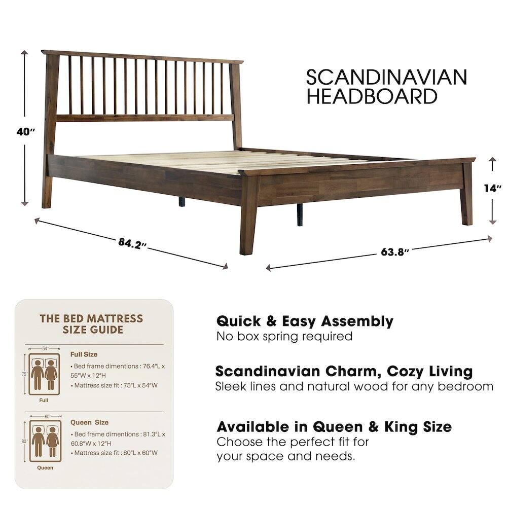 SCANDINAVIAN HEADBOARD  
40" 14" 84.2" 63.8"  

THE BED MATTRESS SIZE GUIDE  
Full Size Bed frame dimensions: 76.4L x 55"W x 12H  
Mattress size fit: 75L x 54"W  

Queen Size Bed frame dimensions: 81.3L x 60.8"W x 12H  
Mattress size fit: 80L x 60"W  

Quick & Easy Assembly  
No box spring required  

Scandinavian Charm, Cozy Living  
Sleek lines and natural wood for any bedroom  

Available in Queen & King Size  
Choose the perfect fit for your space and needs.