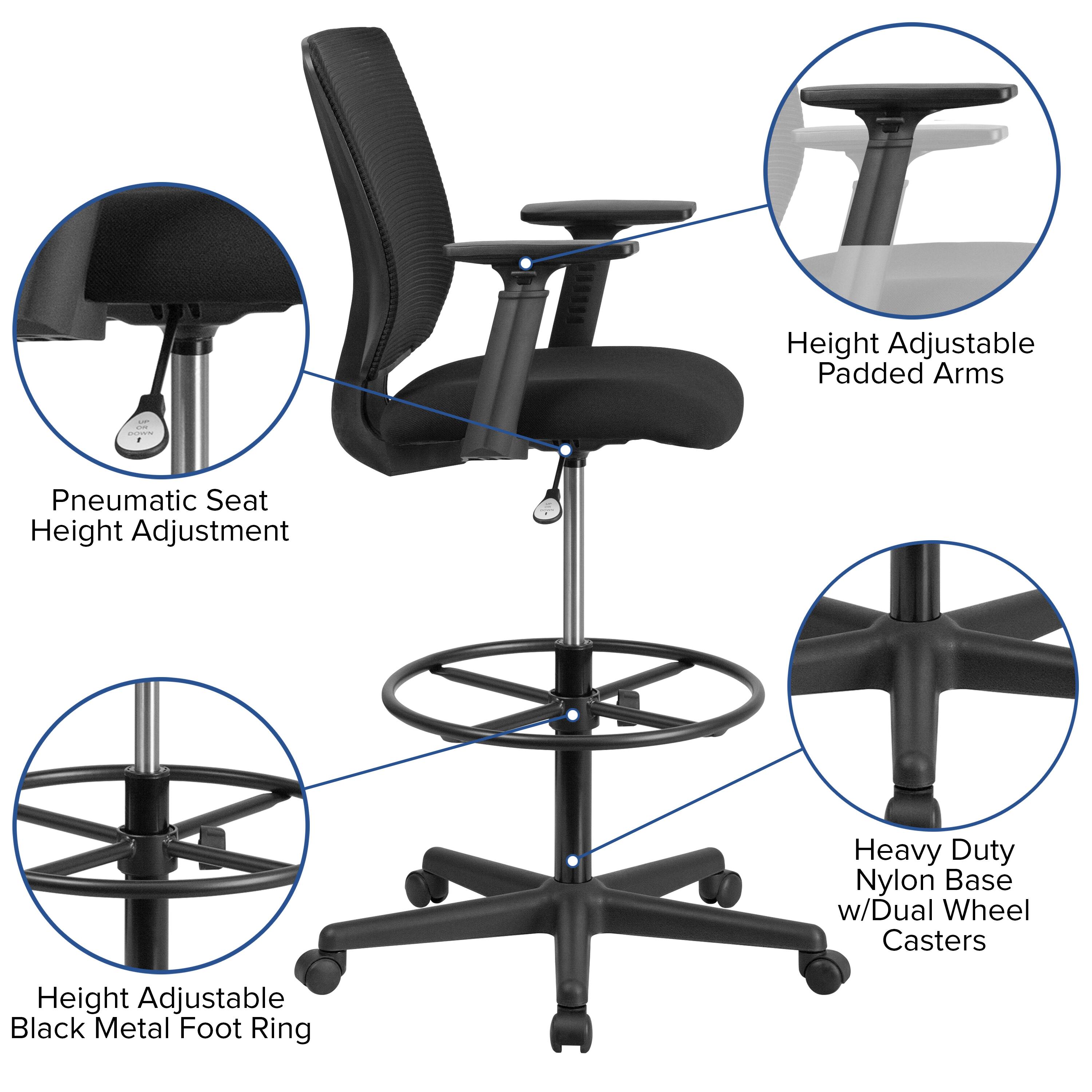 Height Adjustable Padded Arms  
Pneumatic Seat Height Adjustment  
Heavy Duty Nylon Base w/Dual Wheel Casters  
Height Adjustable Black Metal Foot Ring