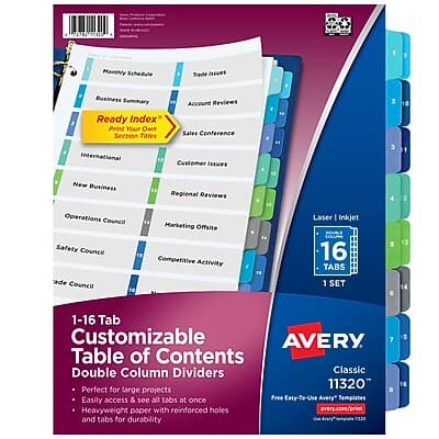 Sure, here is the corrected and grouped text:

---

**Monthly Schedule**

- Trade Issues
- Business Summary
- Account Reviews
- Ready Index
- Print Your Own Section Titles
- Sales Conference
- International Customer Issues
- New Business
- Regional Reviews
- Operations Council
- Safety Council
- Marketing Offsite
- Competitive Activity
- Laser | Inkjet

**1-16 Tab Customizable Double Column Dividers**

- Table of Contents
- Classic 11320
- Perfect for large projects
- Easily access & see all tabs at once
- Free Easy-To-Use Avery Templates
- Heavyweight paper with reinforced holes and tabs for durability

**AVERY**

- 1 SET
- 16 TABS
- ade Council
- avery.com/print

---

This text is organized based on the sections and labels visible in the image.