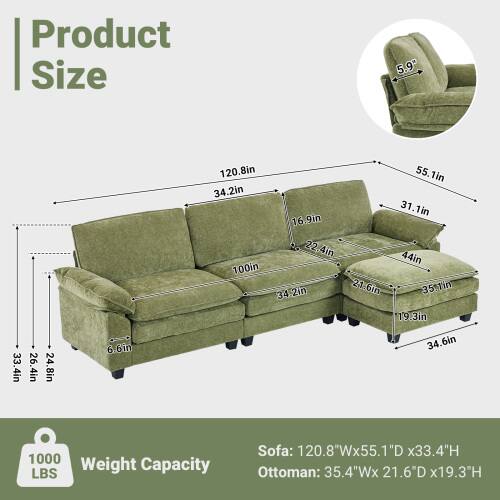 Product Size

- Sofa: 120.8"W x 55.1"D x 33.4"H
- Ottoman: 35.4"W x 21.6"D x 19.3"H

Weight Capacity: 1000 LBS