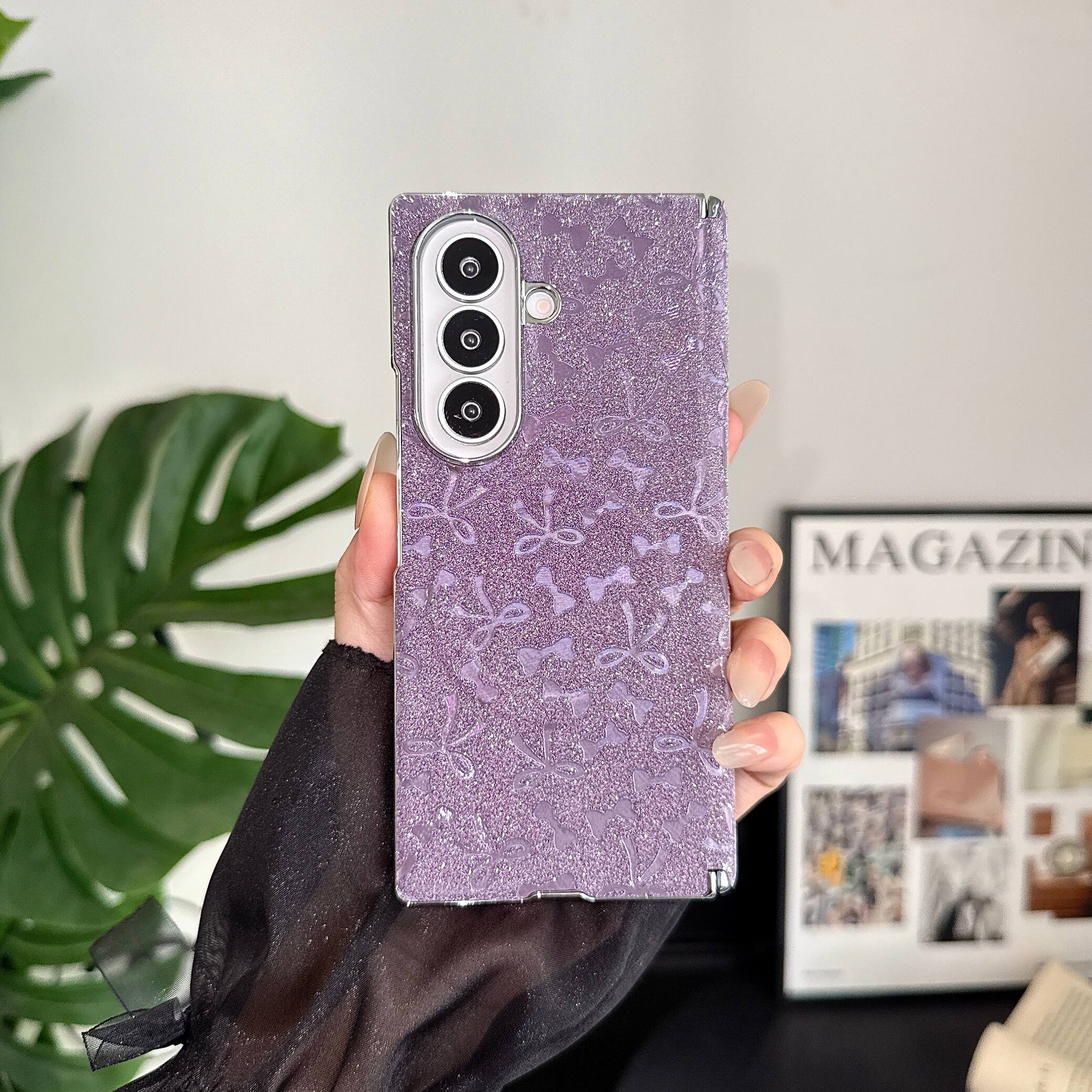 Dteck - Glitter Electroplated Frame Phone Case for Samsung Galaxy Z Fold8 Ultra, Faux Leather Rigid Plastic Magnetic Hinge Cover - Purple