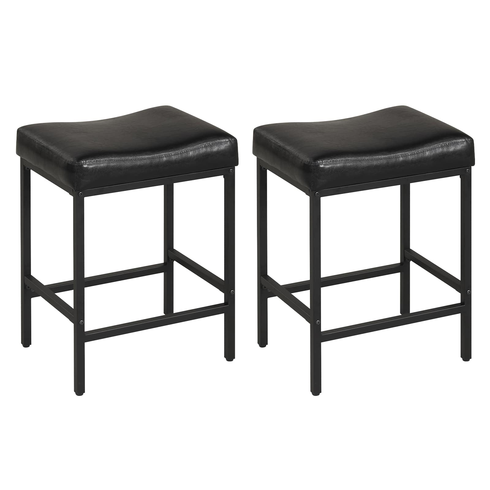 Gymax - Bar Stools Set of 2 25'' Faux Leather Upholstered Saddle Stools w/ Metal Legs - Black