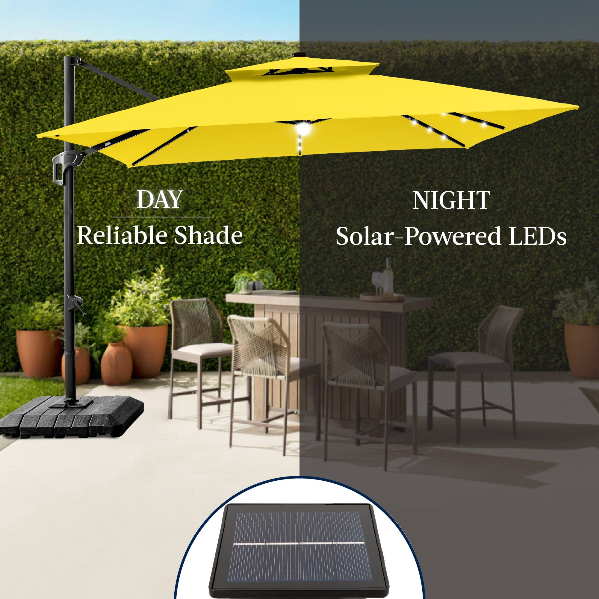 DAY  
Reliable Shade  

NIGHT  
Solar-Powered LEDs
