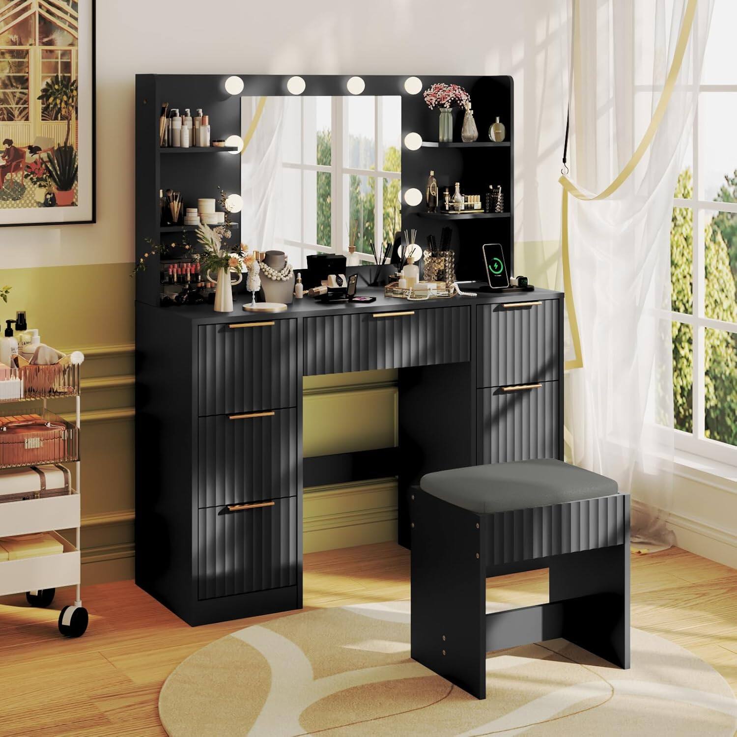 Alt View 7. Winado - Fluted Makeup Vanity Set with Lighted Mirror & Charging Station, Dressing Table w/ 7 Drawers for Femal Gift - Black.