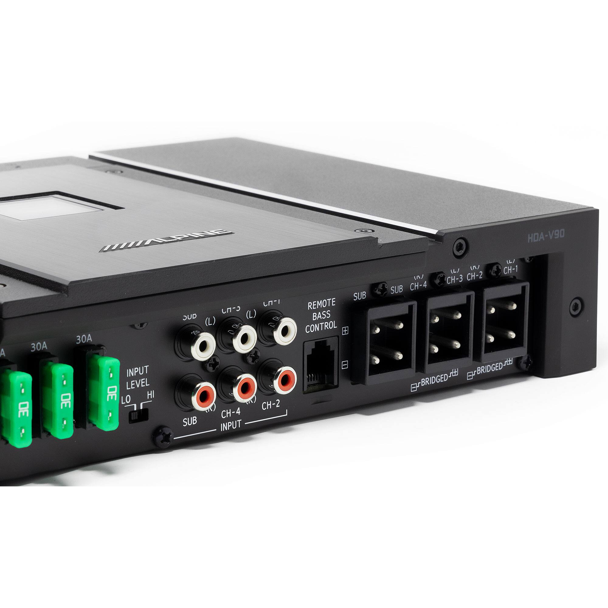 A 30 UAA . C. (L) SUD (L) 30 ; INPUT LEVEL LO HI CH-2 CH-4 SUB INPUT SUB REMOTE BASS CONTROL  HOA-V90 U7 un CH-1 IL/ N/ CH-3 CH-2 SUB CH-4 BRIDGED -BRIDGED