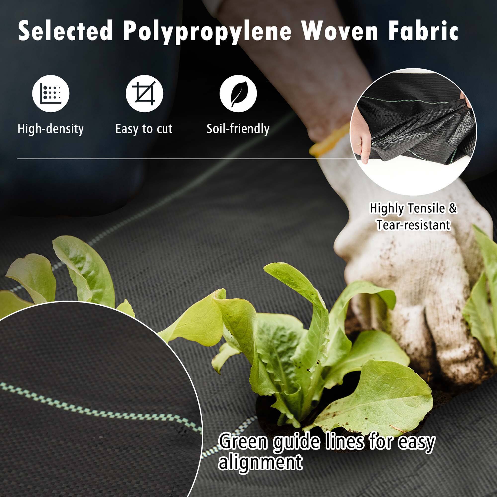 Selected Polypropylene Woven Fabric: High-density, Easy to cut, Soil-friendly, Highly Tensile & Tear-resistant. Green guide lines for easy alignment.