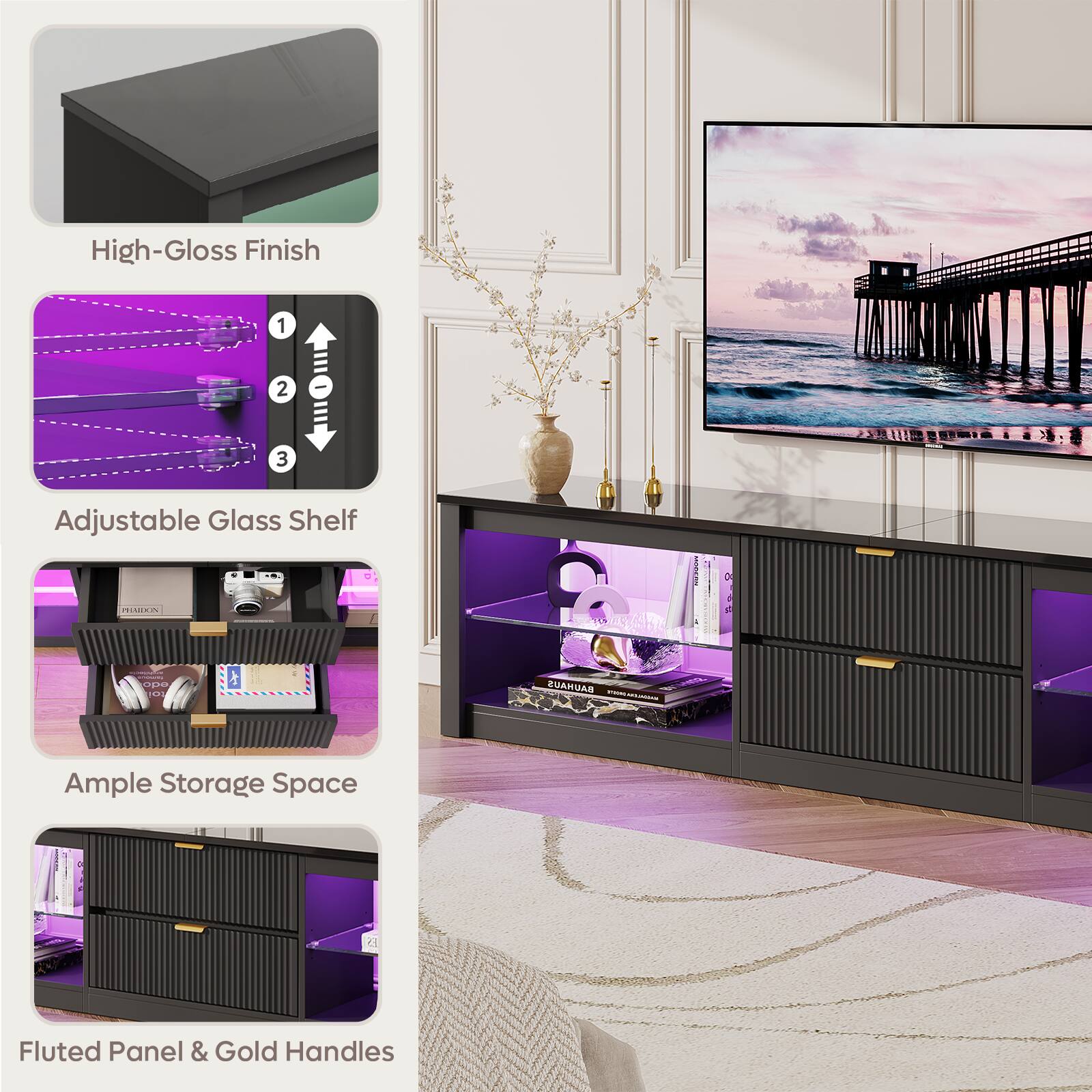 High-Gloss Finish  
Adjustable Glass Shelf  
Ample Storage Space  
Fluted Panel & Gold Handles