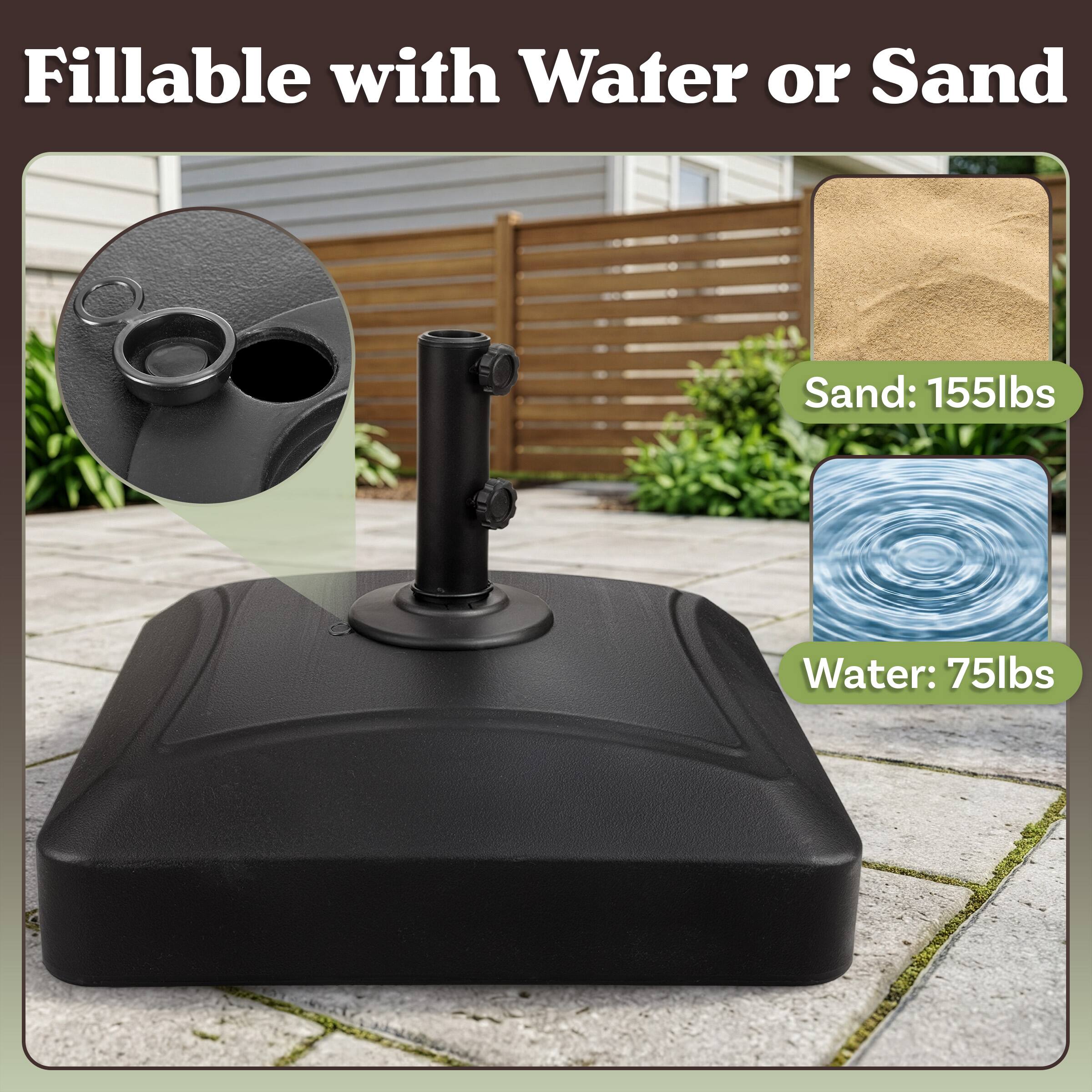 Fillable with Water or Sand

Sand: 155lbs

Water: 75lbs