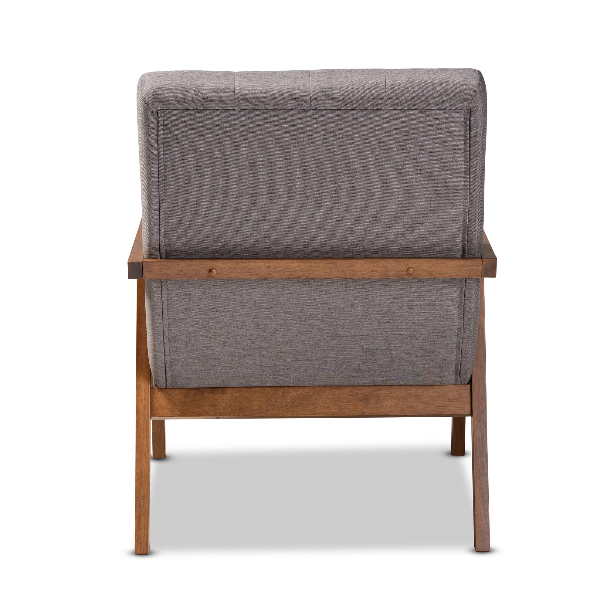 Back. Baxton Studio - Naeva Mid-Century Modern Fabric Upholstered Walnut Finished Wood Armchair - Grey/Brown.