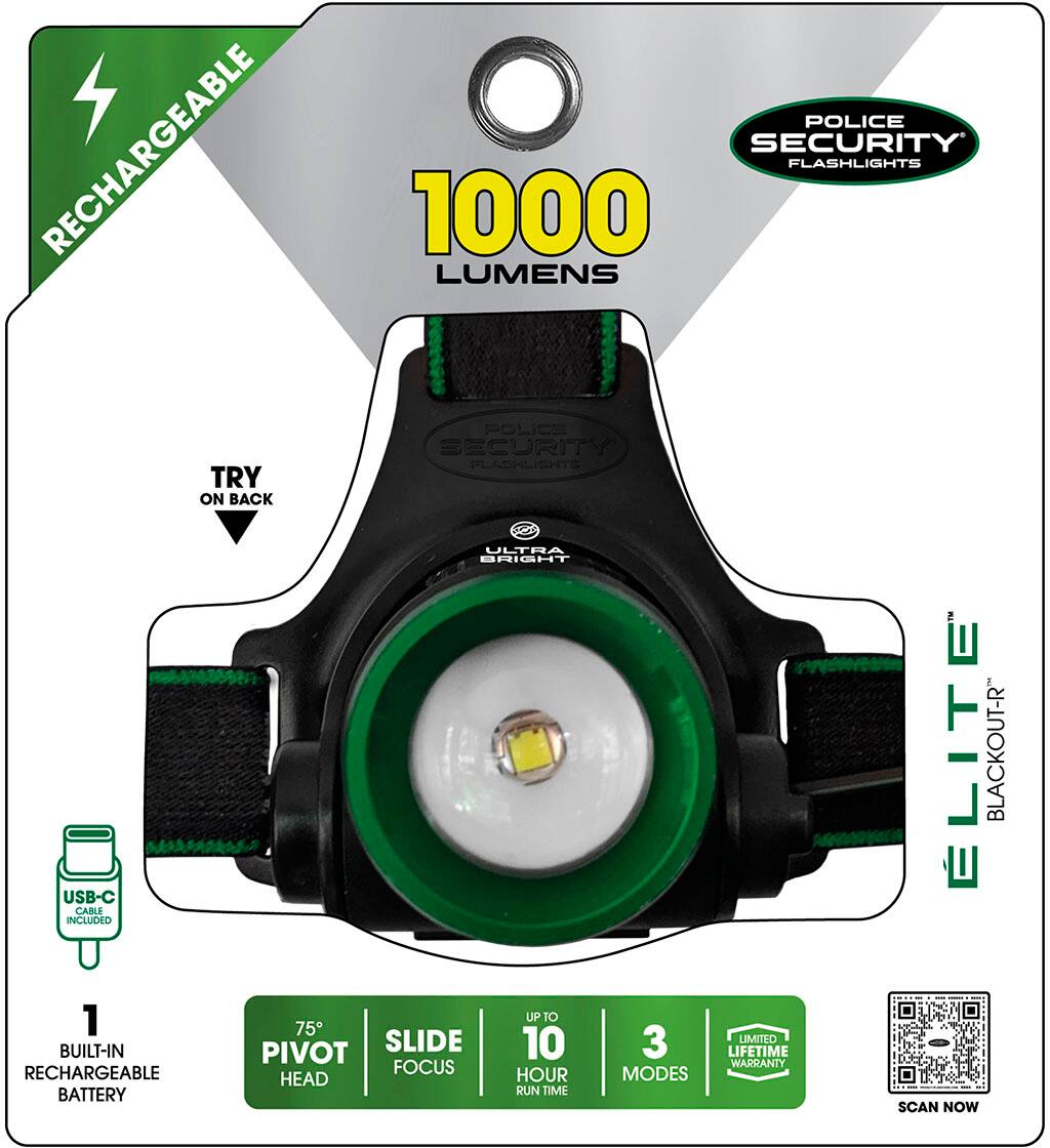 RECHARGEABLE POLICE SECURITY FLASHLIGHTS 1000 LUMENS POLICE SECURITY FLASHLIGHTS TRY ON BACK ULTRA LIGHT USB-C CABLE INCLUDED 1 UP TO 75 BUILT-IN PIVOT SLIDE 10 3 RECHARGEABLE FOCUS HOUR MODES HEAD BATTERY RUN TIME LIMITED LIFETIME WARRANTY L ELITE BLACKOUT-R SCAN NOW
