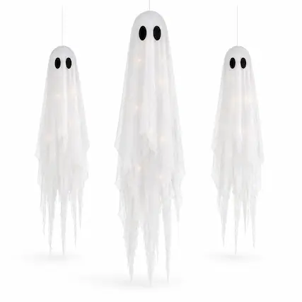 Front. FASCINATE - 3-Pack 5-ft and 4-ft Lighted Hanging Ghosts with Remote, 8 Lighting Modes and Timer - White.