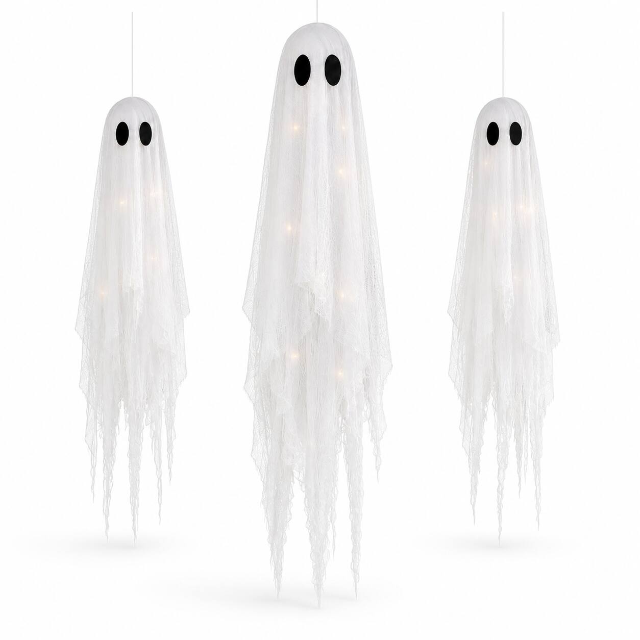 Front. FASCINATE - 3-Pack 5-ft and 4-ft Lighted Hanging Ghosts with Remote, 8 Lighting Modes and Timer - White.