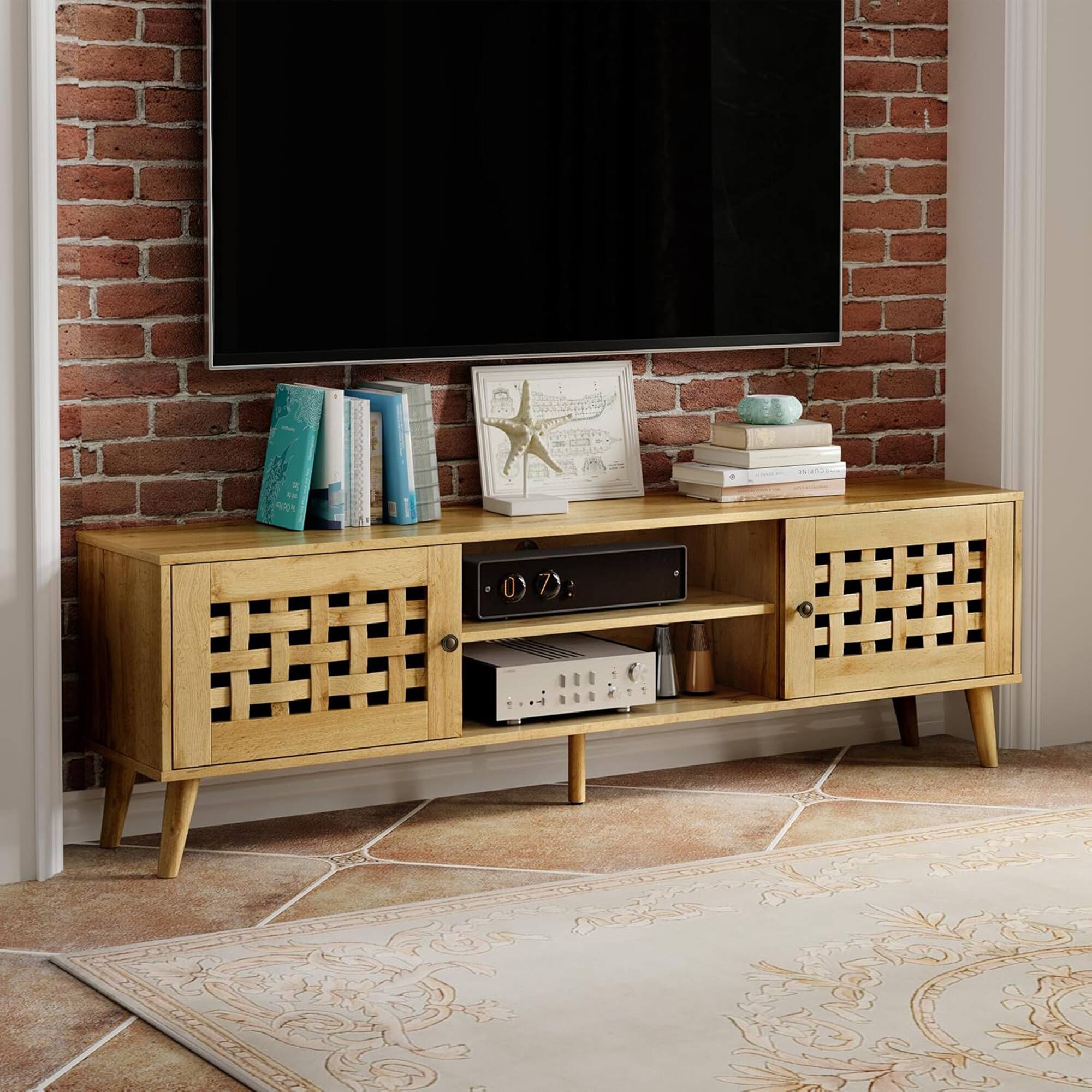 Alt View 5. RoyalCraft - RoyalCraft Rattan TV Stand Entertainment Center with Storage for 65 Inch TVs - Brown.