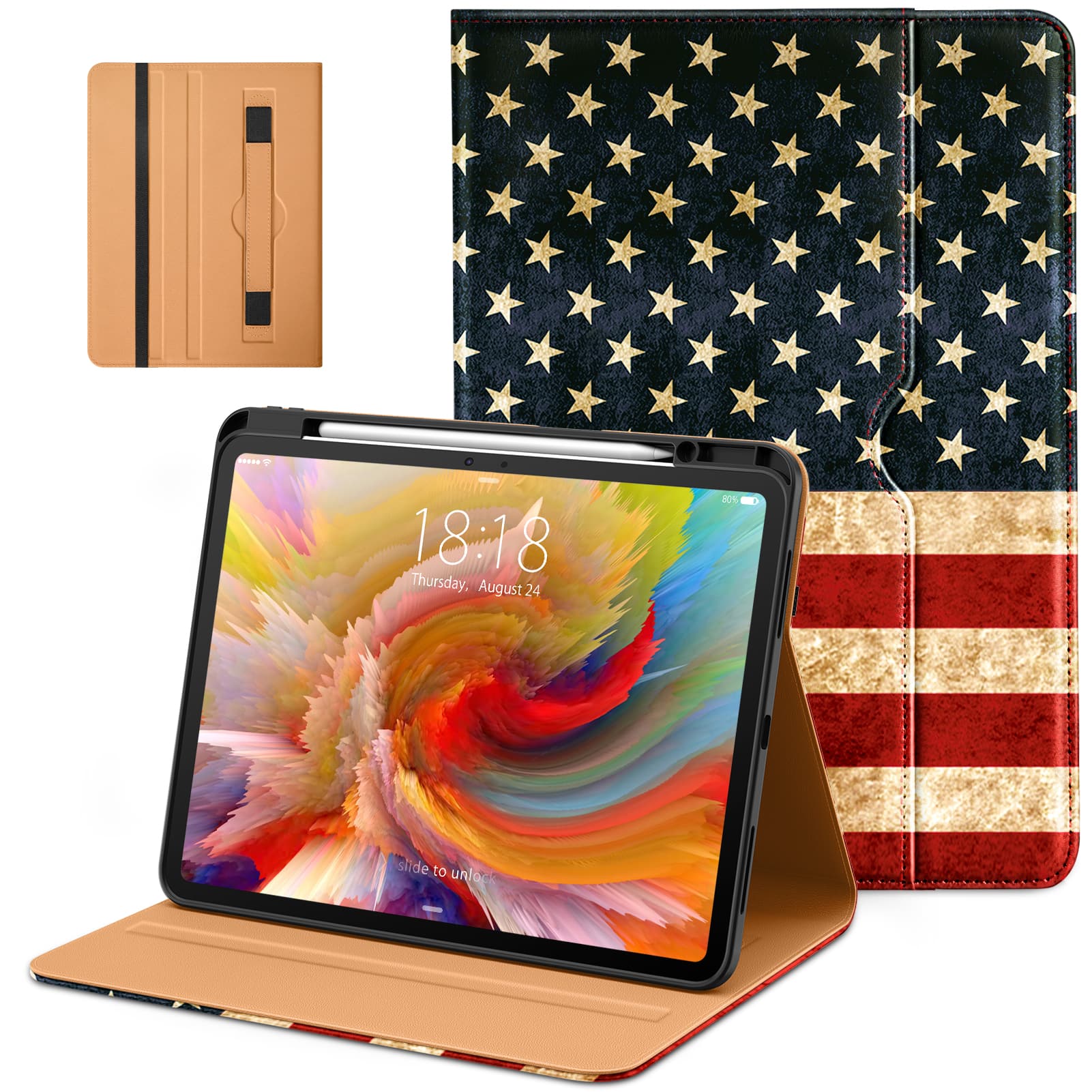 DTTO - Case for iPad Pro 13 Inch M5/M4,Premium Leather Business Folio Stand Cover with Pencil Holder, Auto Wake/Sleep - US Flag