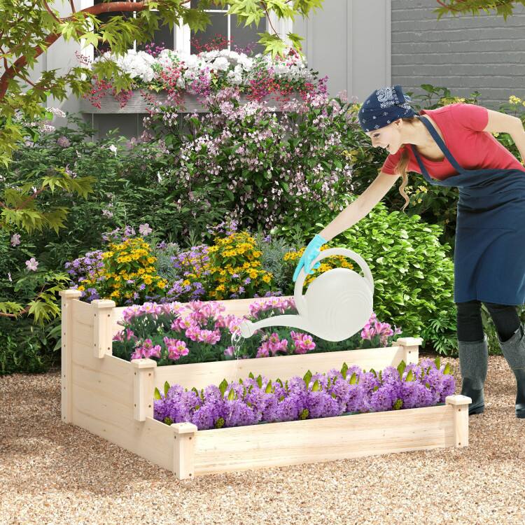 Angle. Mondawe - 3 Tier Elevated Wooden Garden Bed for Vegetables Herbs and Flowers with Step Design - Light/Pastel Brown.