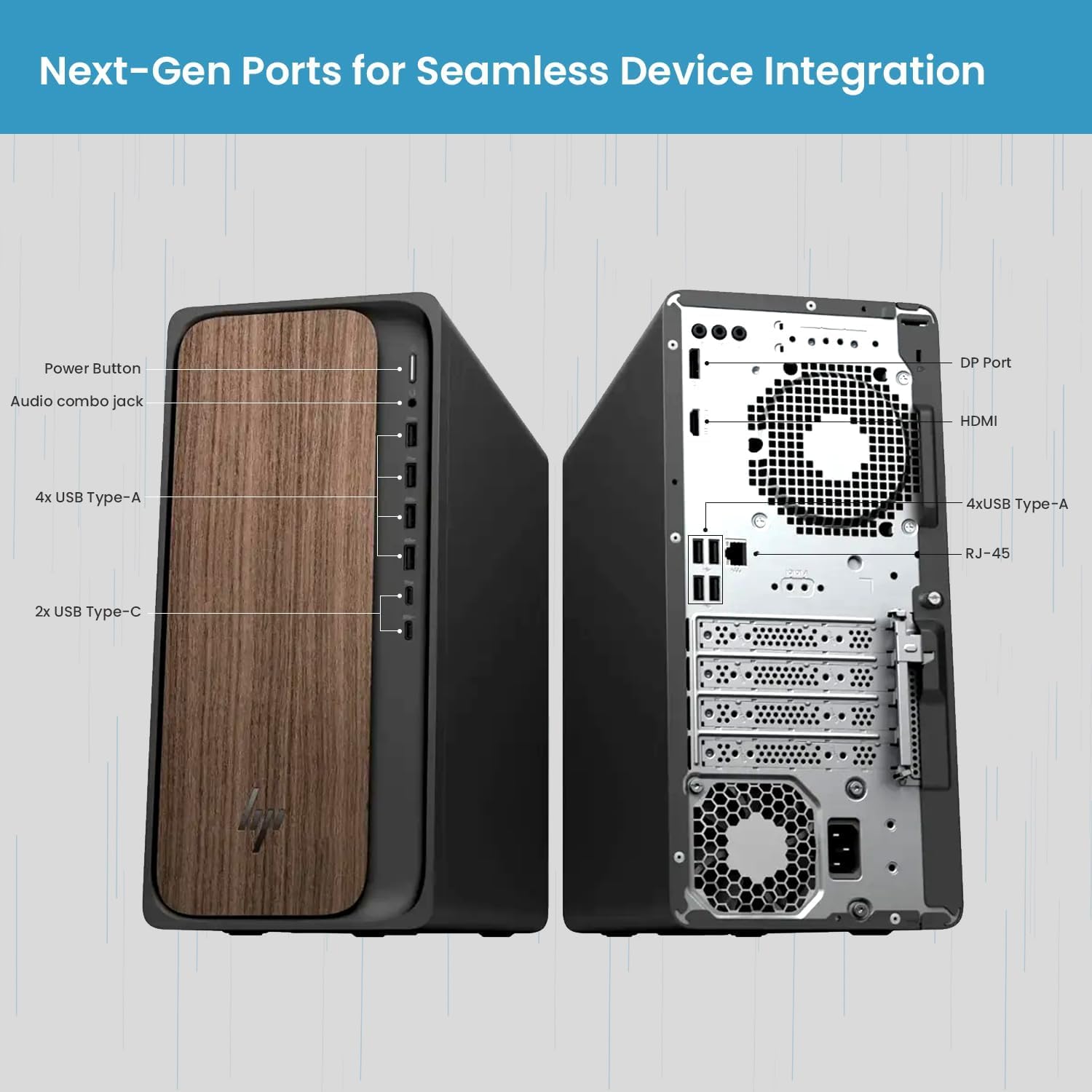 Next-Gen Ports for Seamless Device Integration

- Power Button
- Audio combo jack
- 4x USB Type-A
- 2x USB Type-C
- DP Port
- HDMI
- 4x USB Type-A
- RJ-45