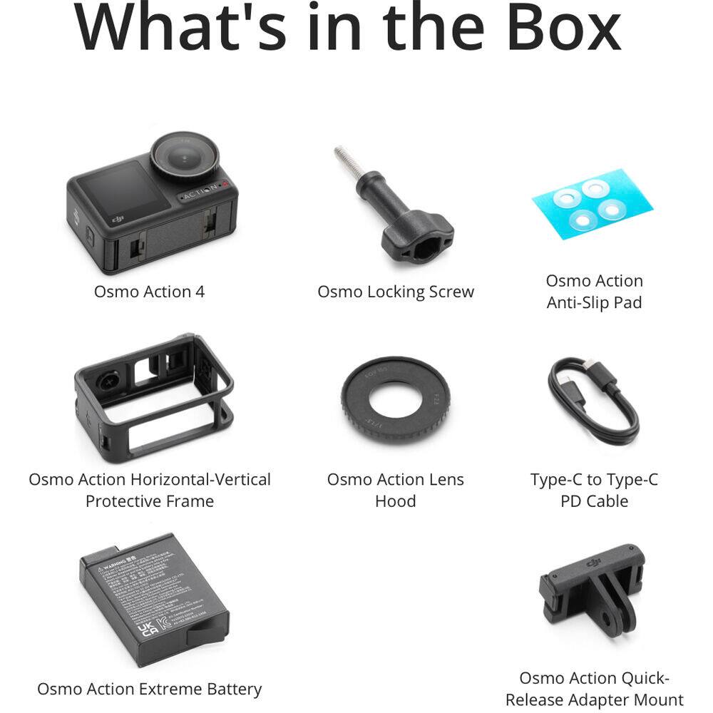 What's in the Box

- Osmo Action 4
- Osmo Locking Screw
- Osmo Action Anti-Slip Pad
- Osmo Action Horizontal-Vertical Protective Frame
- Osmo Action Lens Hood
- Type-C to Type-C PD Cable
- Osmo Action Extreme Battery
- Osmo Action Quick-Release Adapter Mount