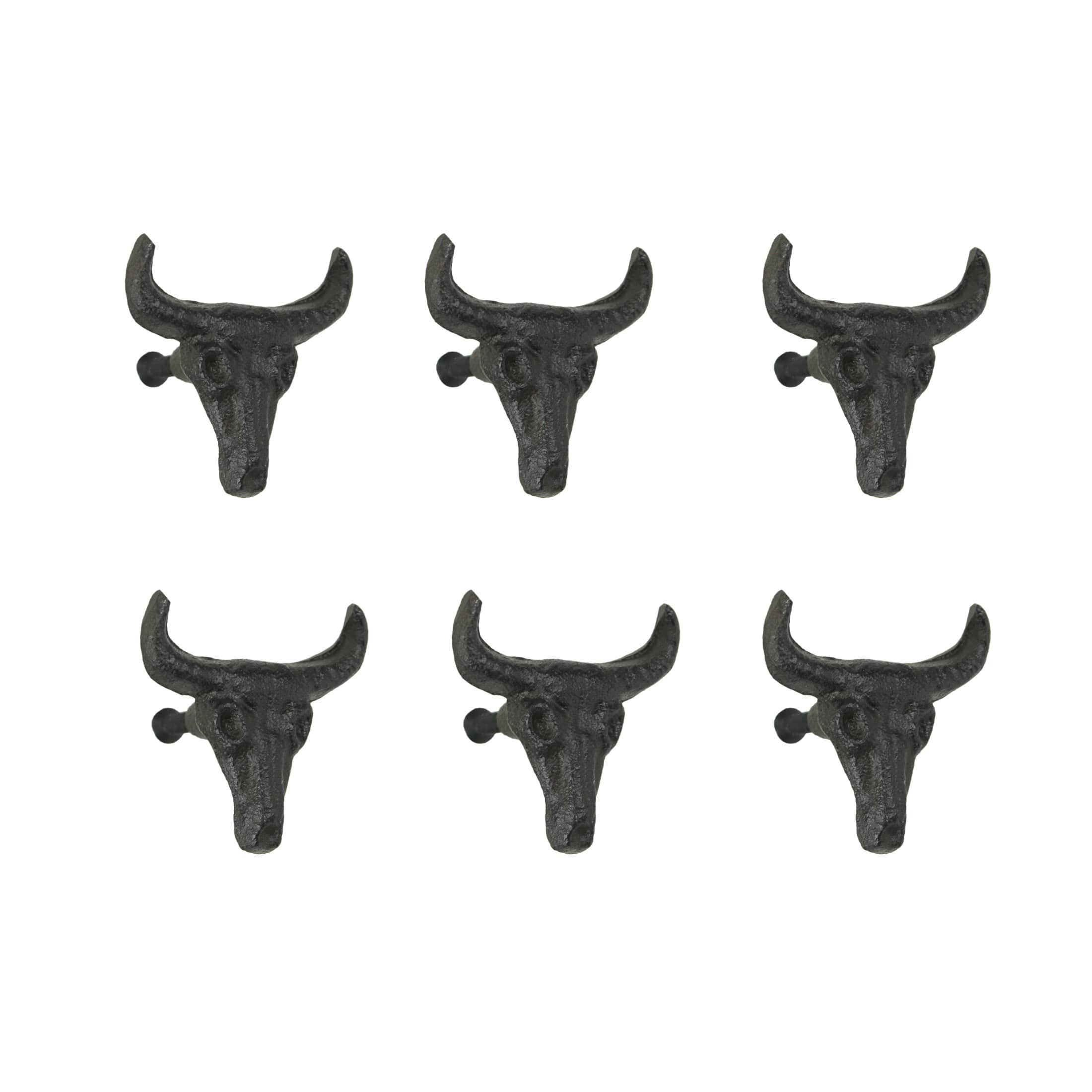 Zeckos - Set of 6 Cast Iron Steer Skull Drawer Pulls Western Home Decor Cabinet Knobs - Brown