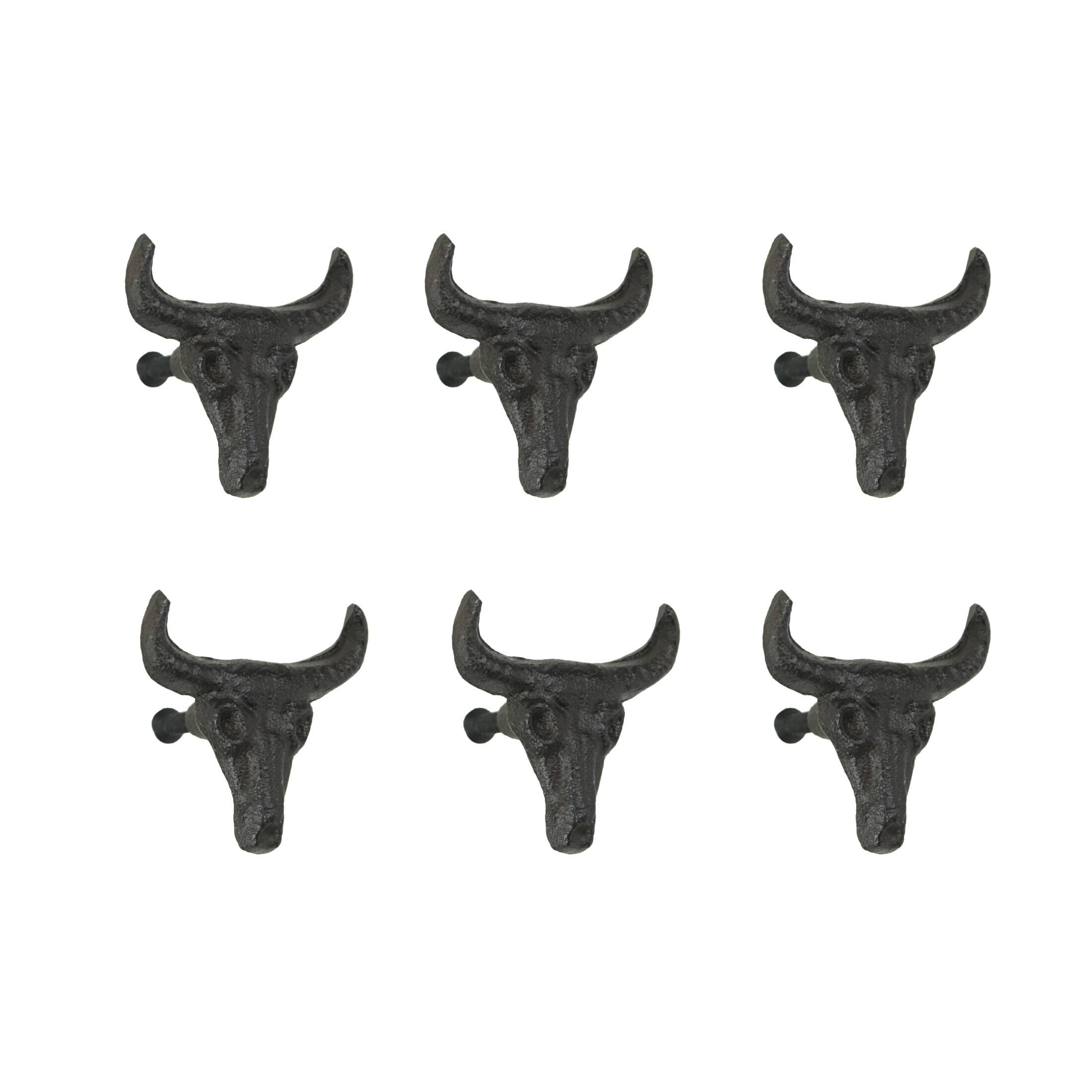 Front. Zeckos - Set of 6 Cast Iron Steer Skull Drawer Pulls Western Home Decor Cabinet Knobs - Brown.