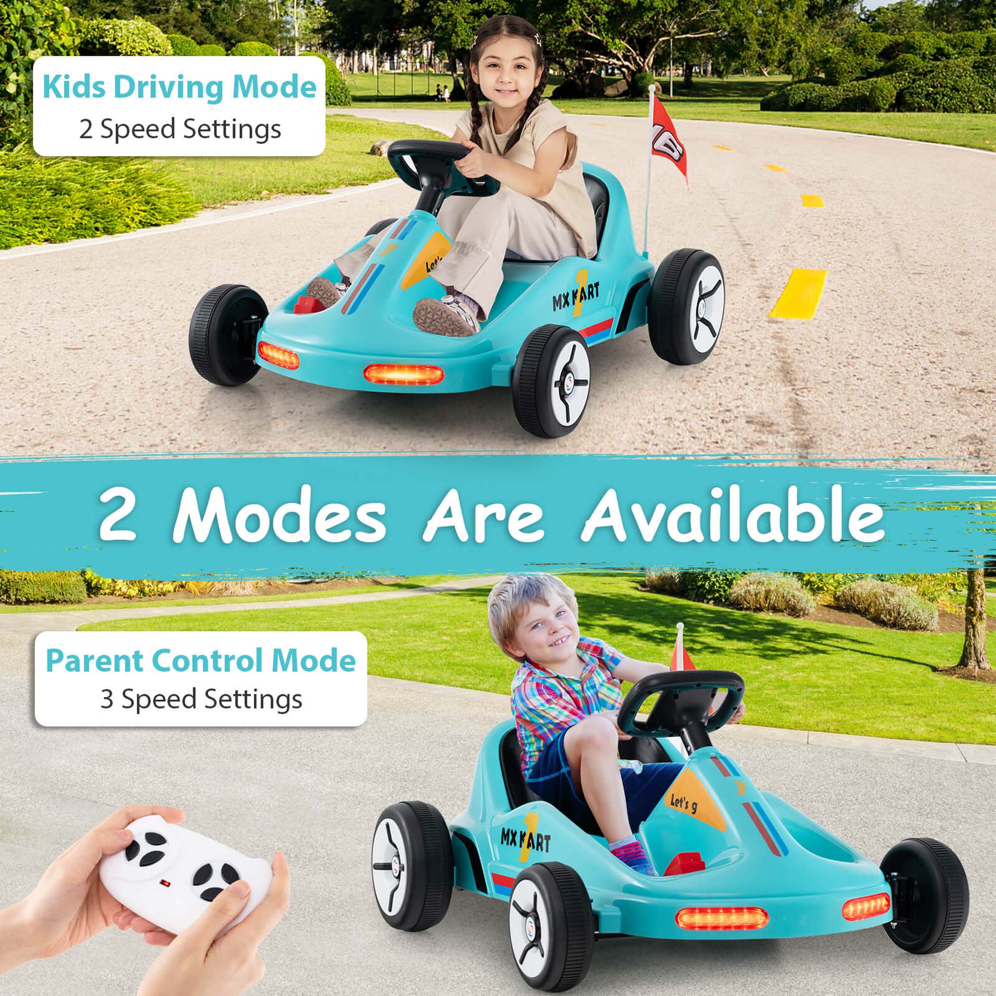 Kids Driving Mode  
2 Speed Settings  

2 Modes Are Available  

Parent Control Mode  
3 Speed Settings