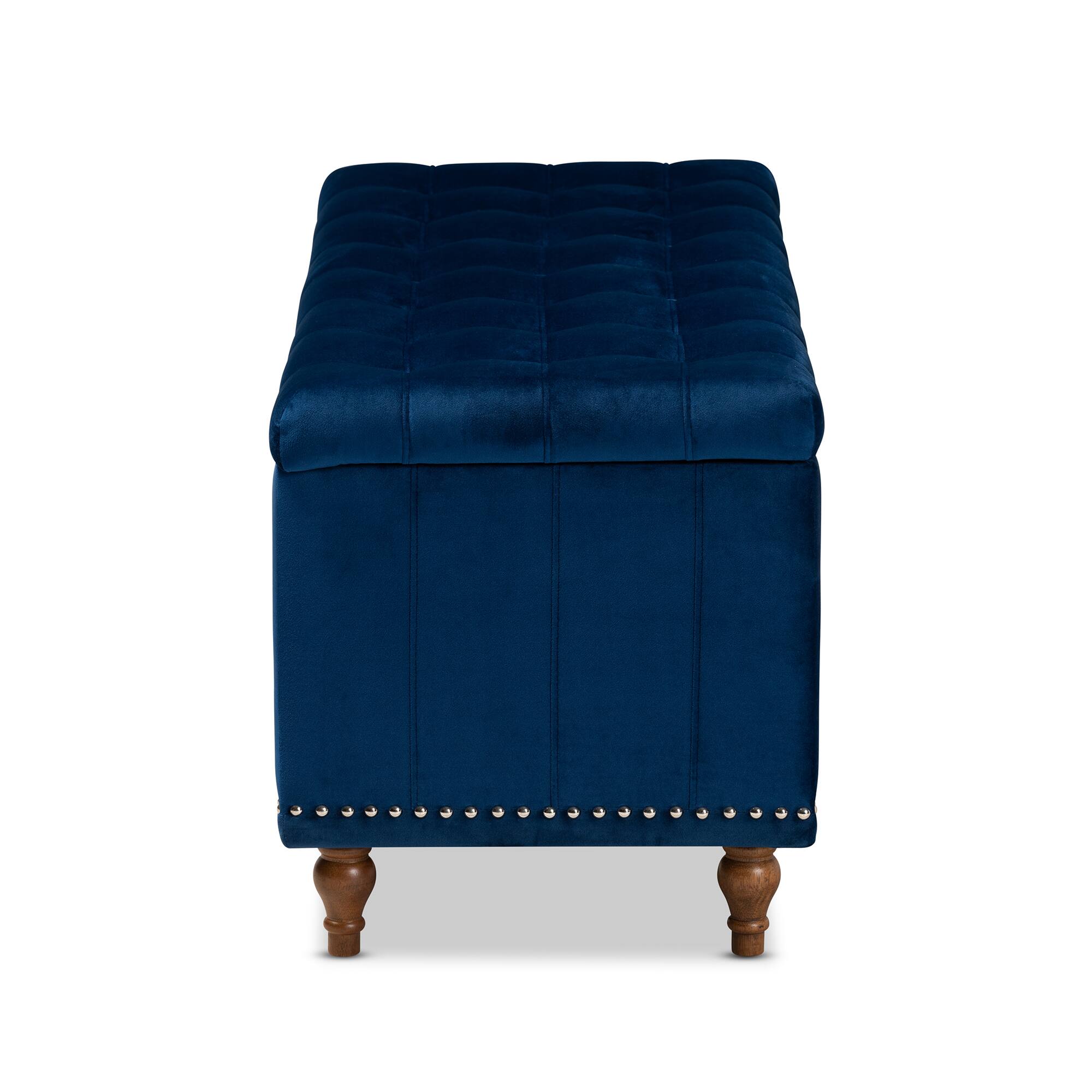 Back. Baxton Studio - Kaylee Modern and Contemporary Velvet Fabric Upholstered Button-Tufted Storage Ottoman Bench - Navy Blue/Brown.