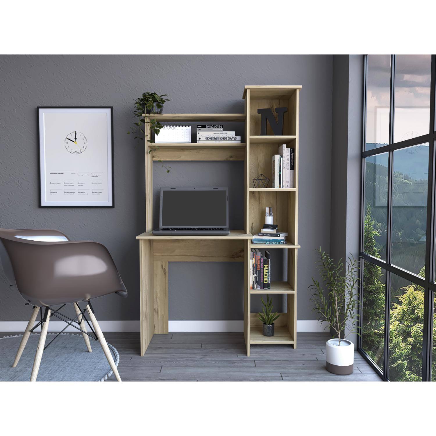 TuHome - Versalles Writing Desk, Modern Studio or Office Desk, Two Superior Shelves, And Five Side Open Shleves For Books - Light Oak