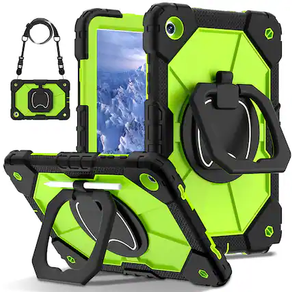 Front. UUCOVER - Case for Samsung Galaxy Tab A11+ 11-inch 2025 (SM-X230/X236/X238) 360° Rotating Stand Hand Grip Cover +Shoulder Strap - Black+Green.
