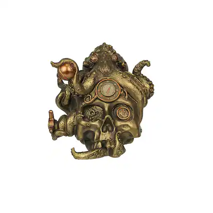 Front. Zeckos - Abyssal Bones Steampunk Mechanical Octopus On Skull Tabletop Statue - Bronze.