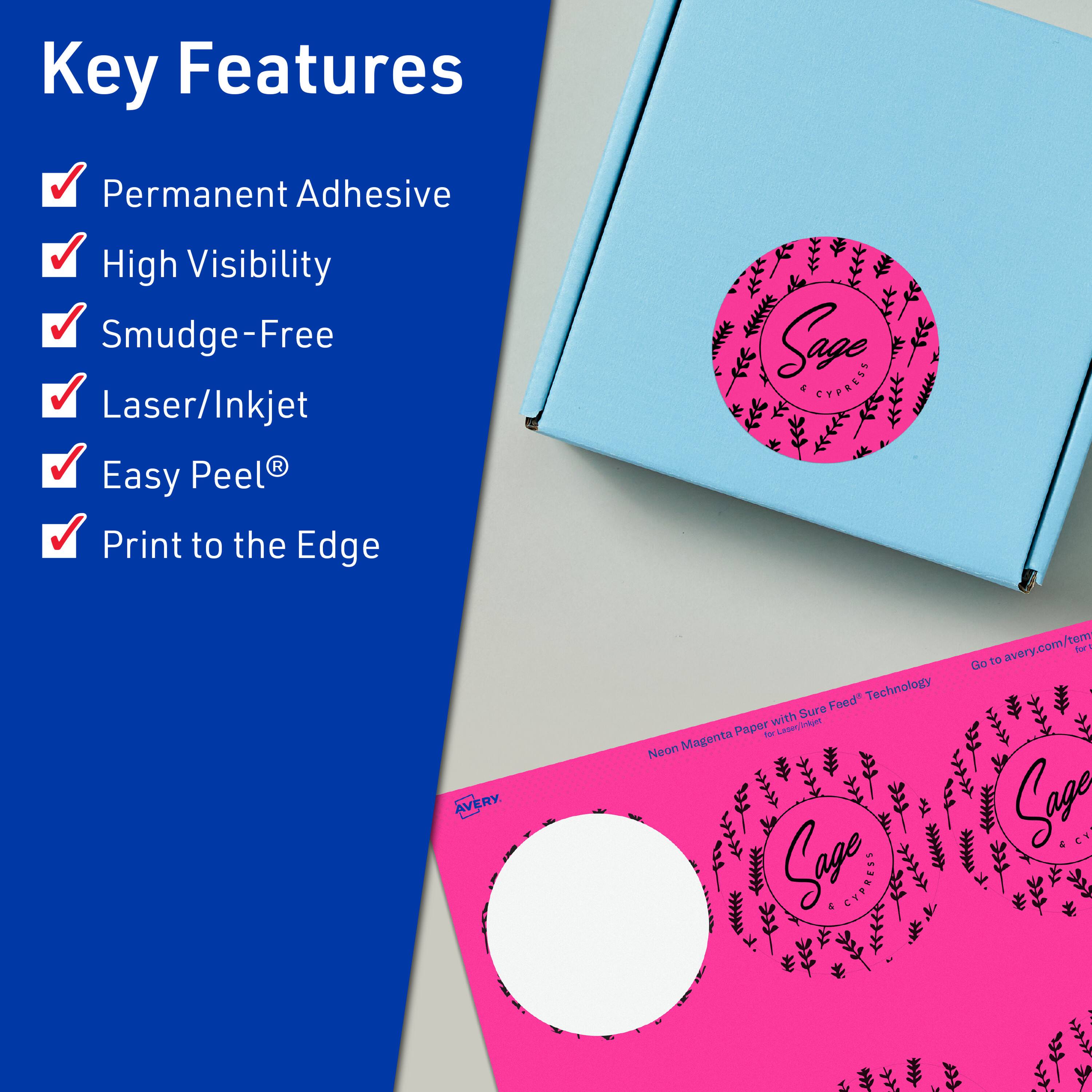 Key Features

- Permanent Adhesive
- High Visibility
- Smudge-Free
- Laser/Inkjet
- Easy Peel®
- Print to the Edge

Neon Magenta Paper with Sure Feed® Technology

Go to avery.com/tem for Sage