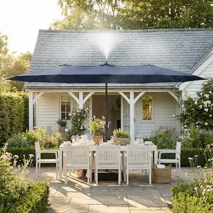 Front. Famapy - 11ft Double-Top Patio Misting Umbrella - Spray Cooling System & Reinforced Frame for Pool, Garden - Navy blue.