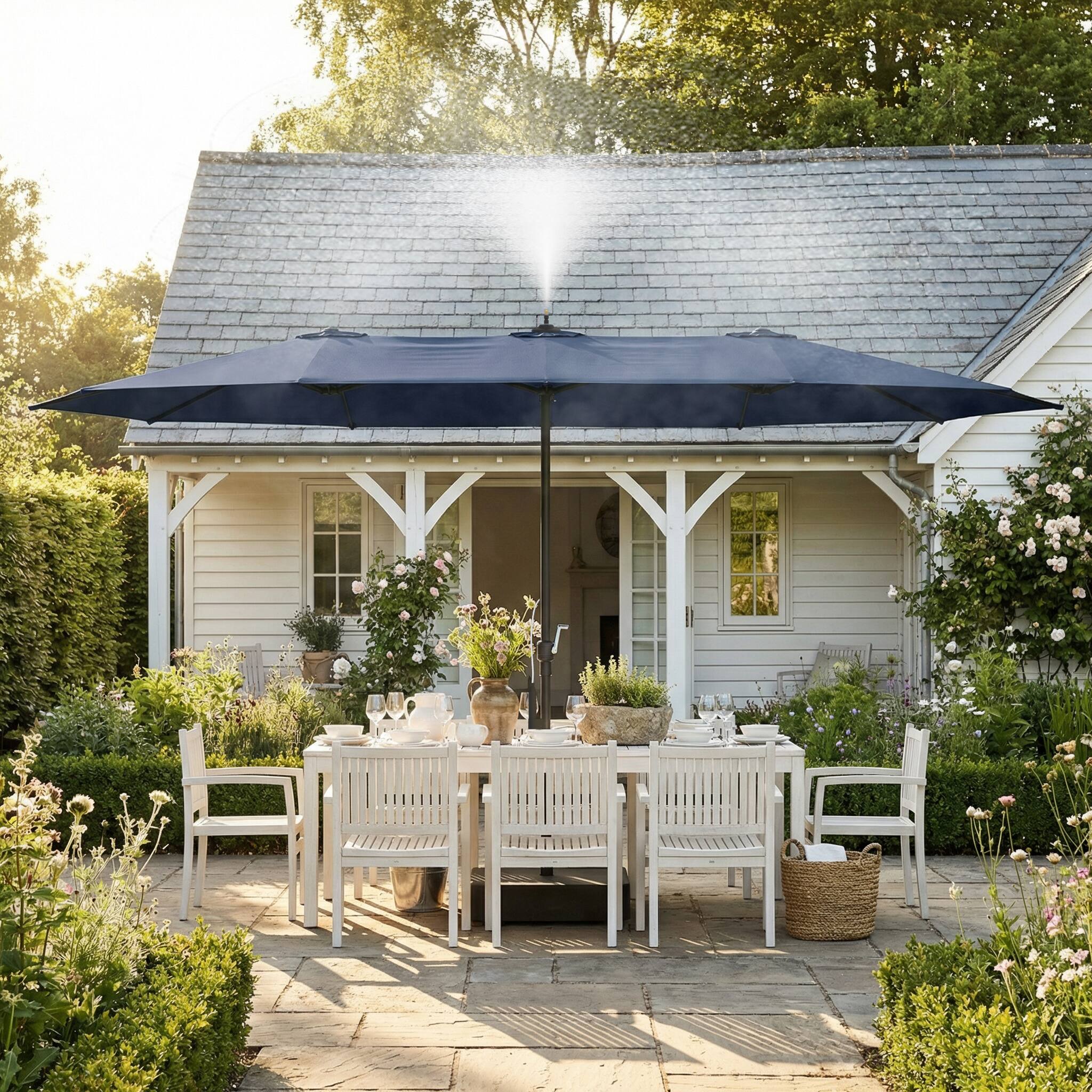 Front. Famapy - 11ft Double-Top Patio Misting Umbrella - Spray Cooling System & Reinforced Frame for Pool, Garden - Navy blue.