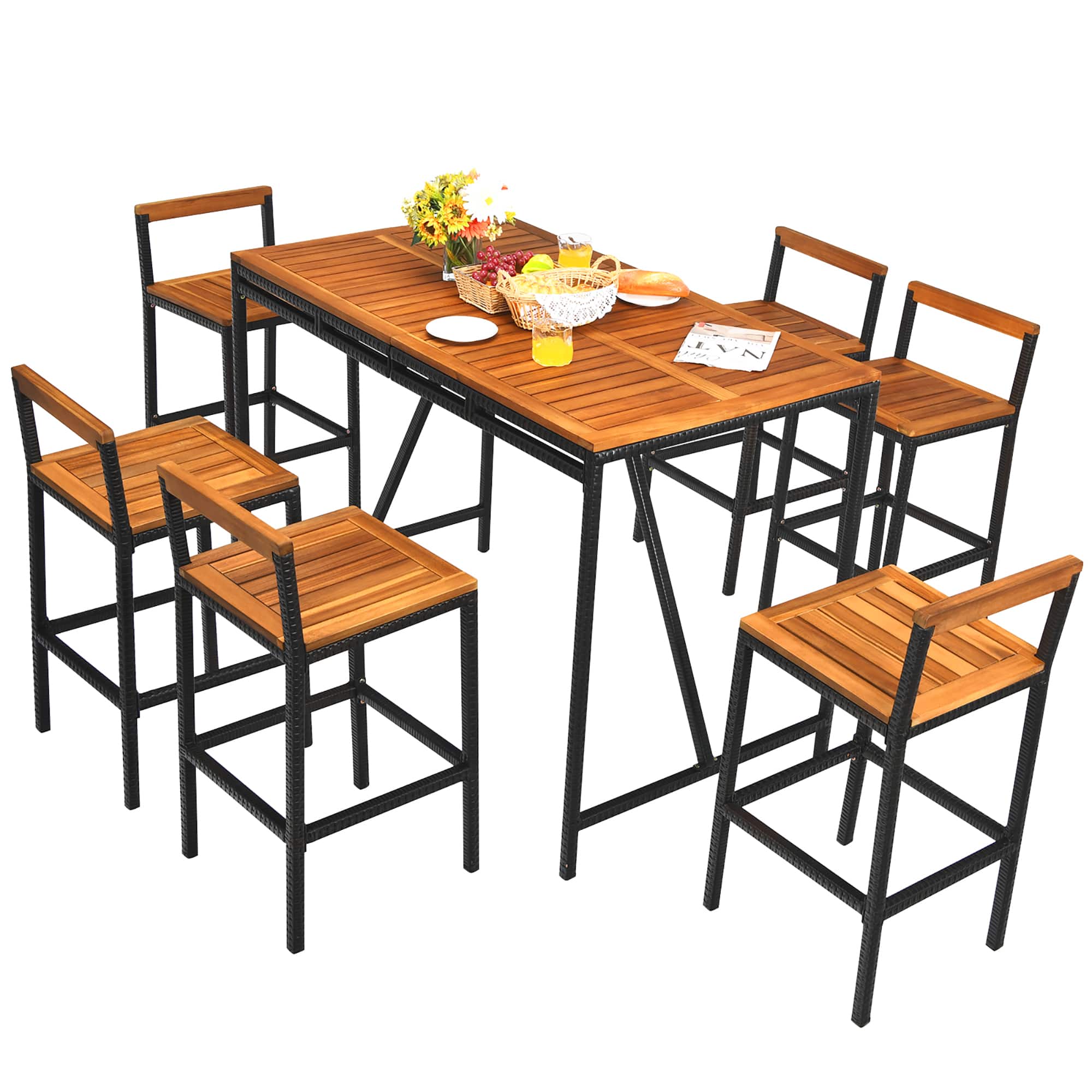 Costway - 7PCS Patio Rattan Bar Set Acacia Wood Frame Stools Table Umbrella Hole - Black,Natural price history on PriceWatchPro