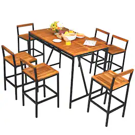 Costway - 7PCS Patio Rattan Bar Set Acacia Wood Frame Stools Table Umbrella Hole - Black,Natural