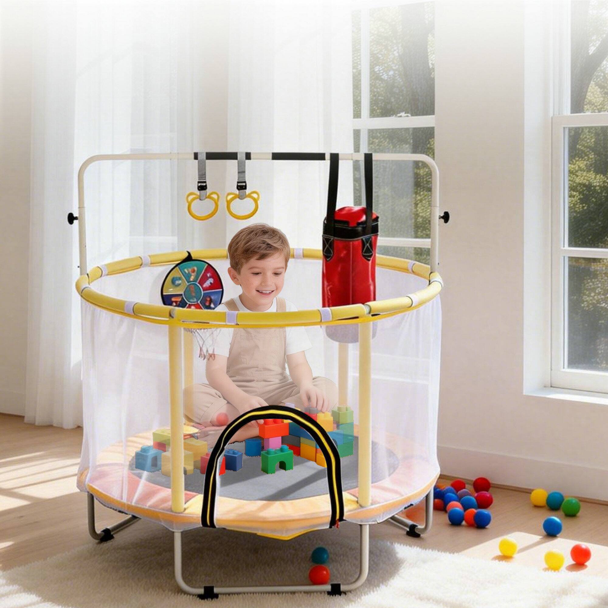 Alt View 1. Ecooso - 54" Toddler Trampoline w/ Safety Net, Adjustable Gym Bar, Basketball Hoop, Boxing Bag, Indoor/Outdoor - orange-yellow.