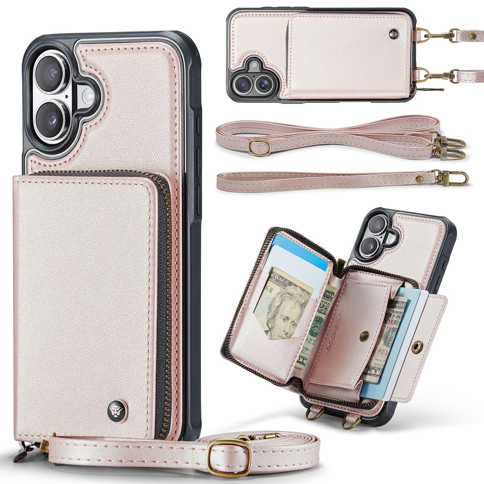 Dteck - Crossbody Zipper Wallet Case for Apple iPhone 17, RFID Blocking PU Leather Card Slots Wrist Strap Lanyard Cover - Rosegold price history on PriceWatchPro