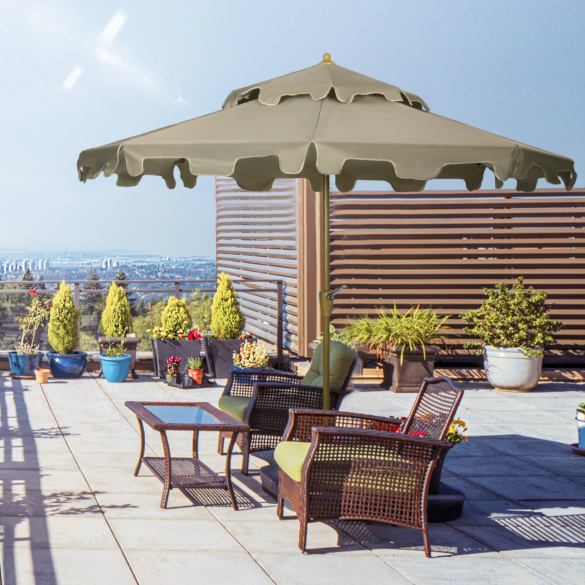 Alt View 1. Outsunny - 9' Patio Umbrella with Push Button Tilt and Crank, Double Top Ruffled Outdoor Market Table Umbrella with 8 Ribs - Brown.