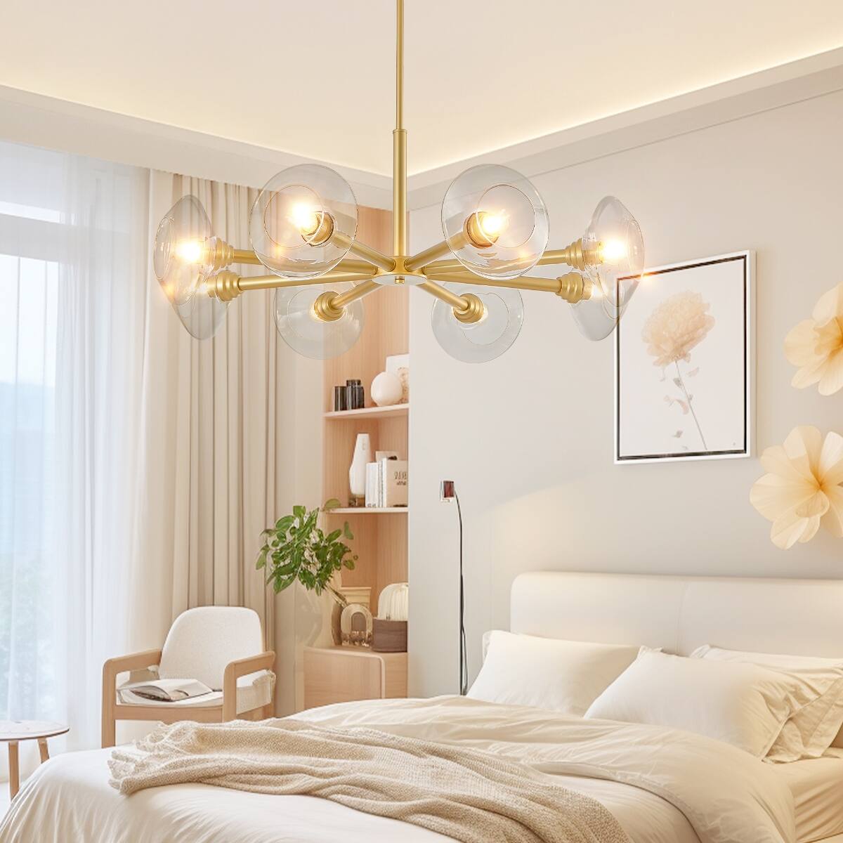 Alt View 3. Loheer - Loheer 36 inch Gold Sputnik Chandelier Eight Light Mid Century Modern Pendant with Clear Glass Shades.