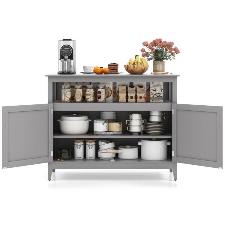 Left. Hivvago - Grey Wood 2-Door Dining Buffet Sideboard Cabinet with Open Storage Shelf - Gray.