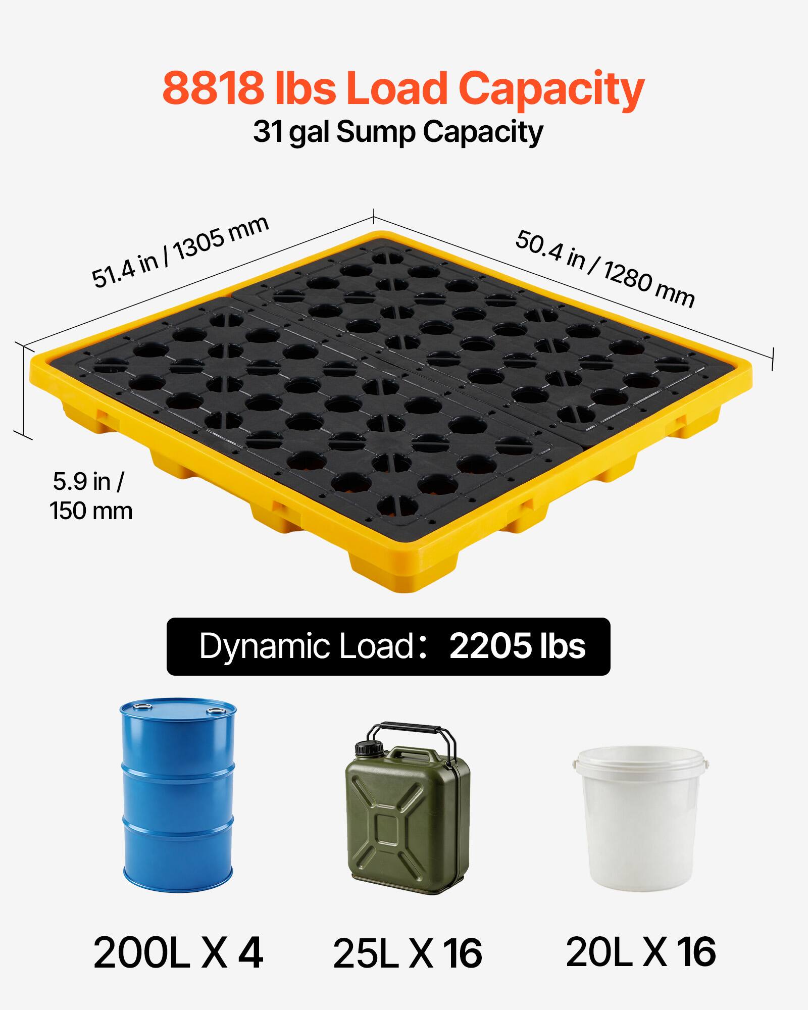 8818 lbs Load Capacity  
31 gal Sump Capacity  
51.4 in / 1305 mm  
50.4 in / 1280 mm  
5.9 in / 150 mm  
Dynamic Load: 2205 lbs  
200L X 4  
25L X 16  
20L X 16
