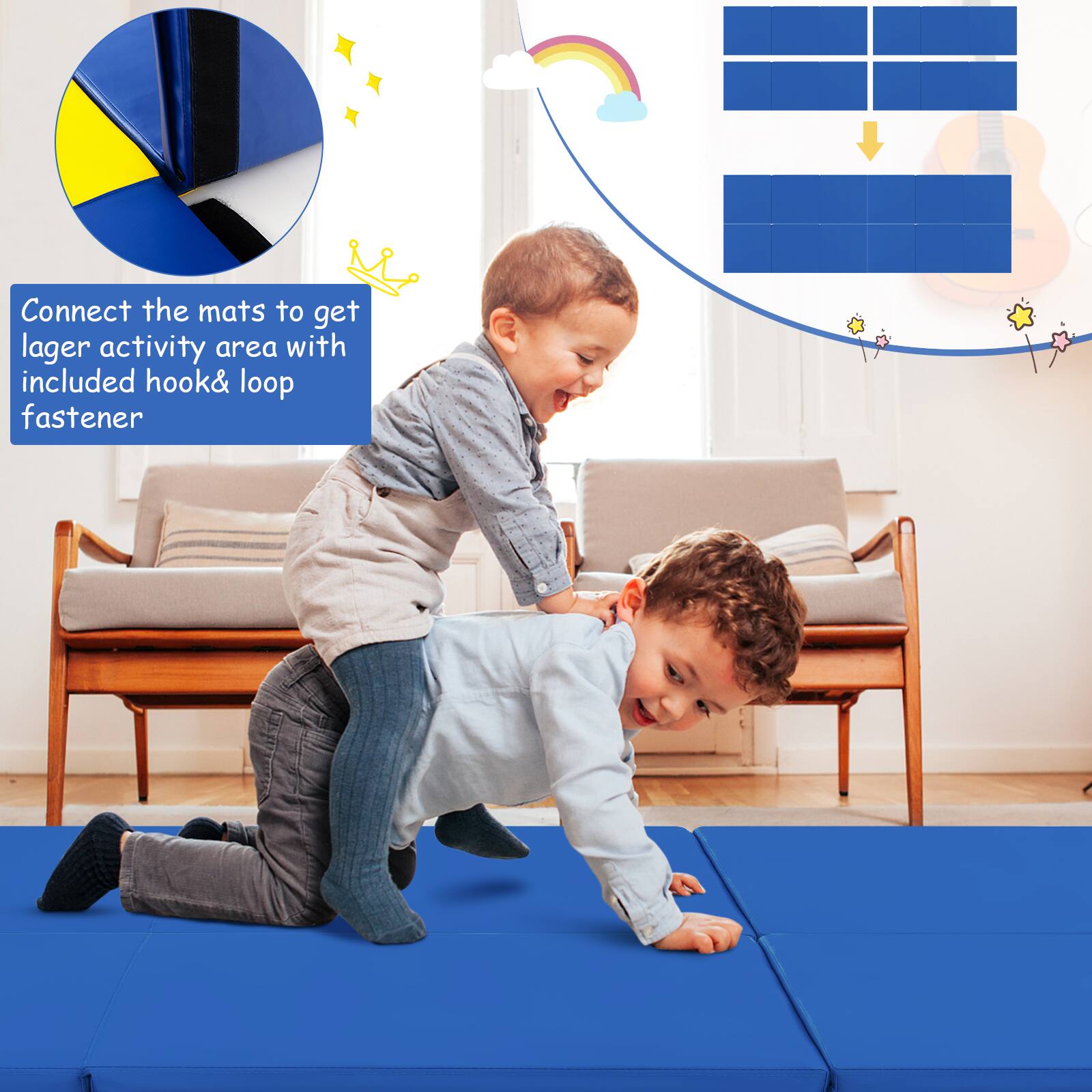 Connect the mats to get larger activity area with included hook & loop fastener