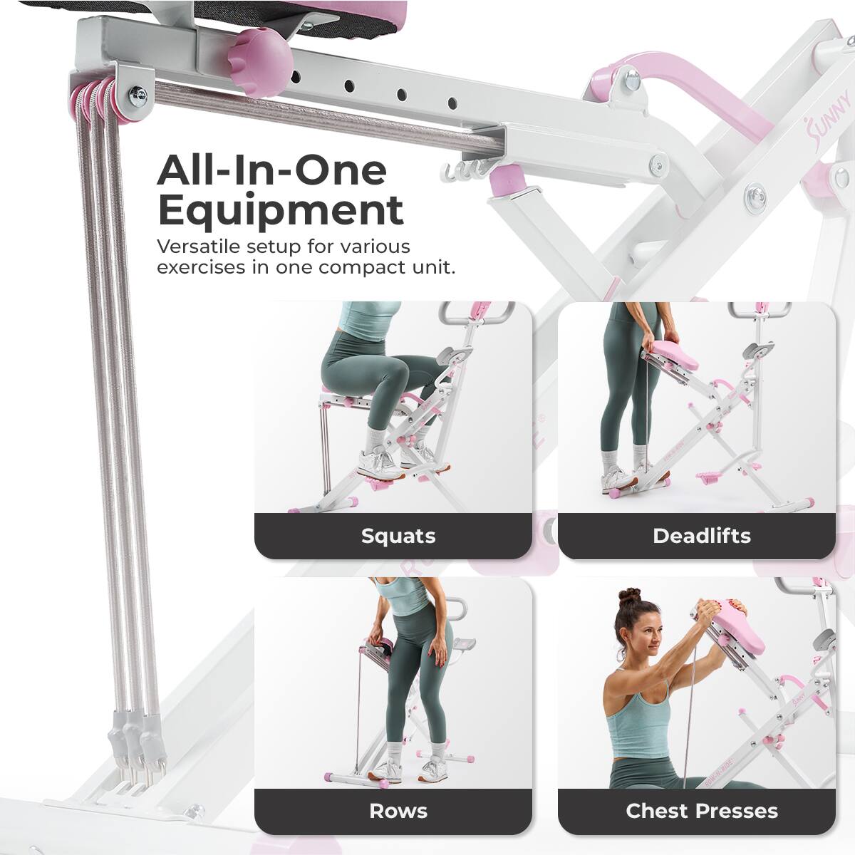 All-In-One Equipment Versatile setup for various exercises in one compact unit. Squats Deadlifts Rows Chest Presses